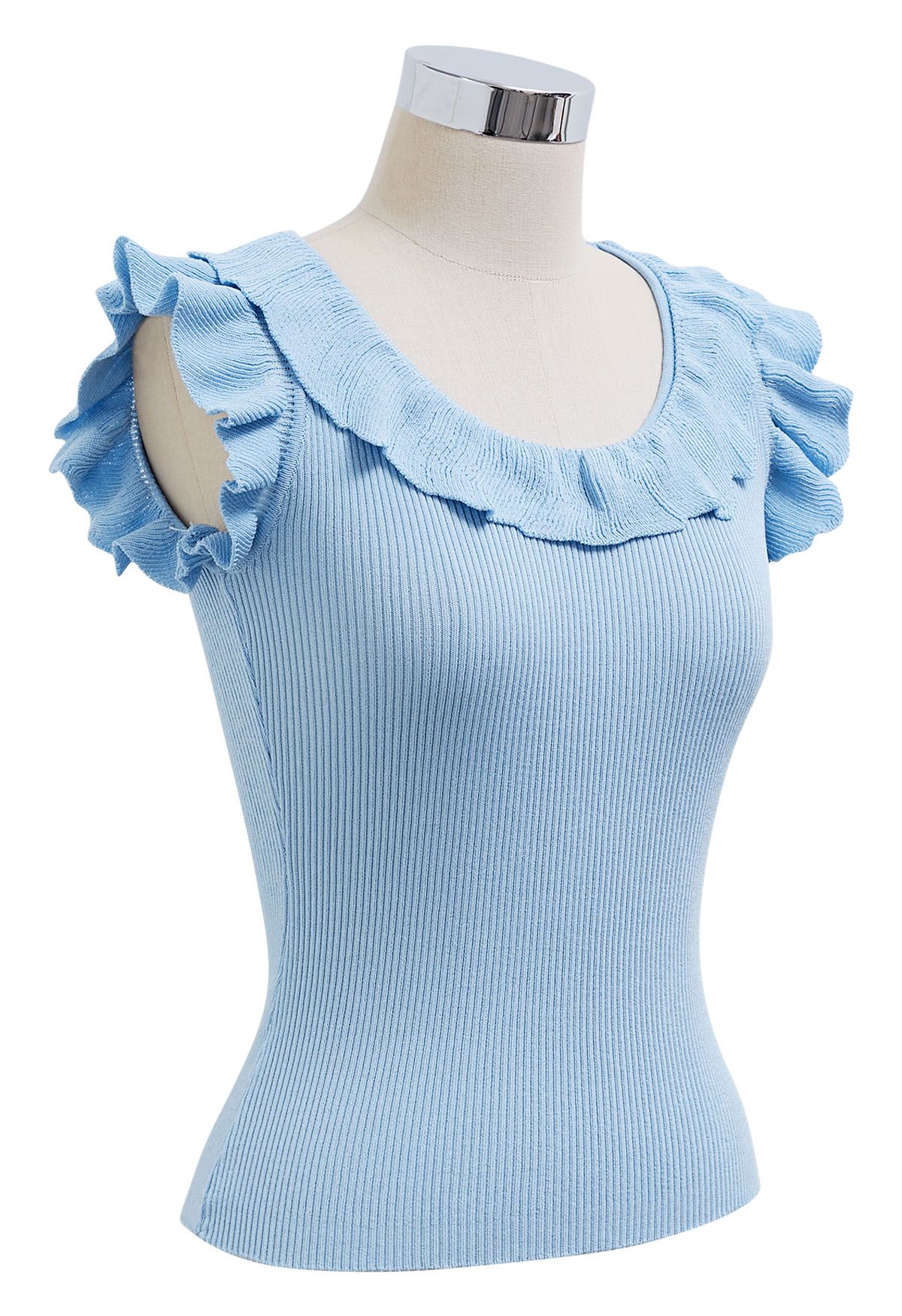 Ethereal – Ärmelloses Stricktop mit Rüschen in Blau