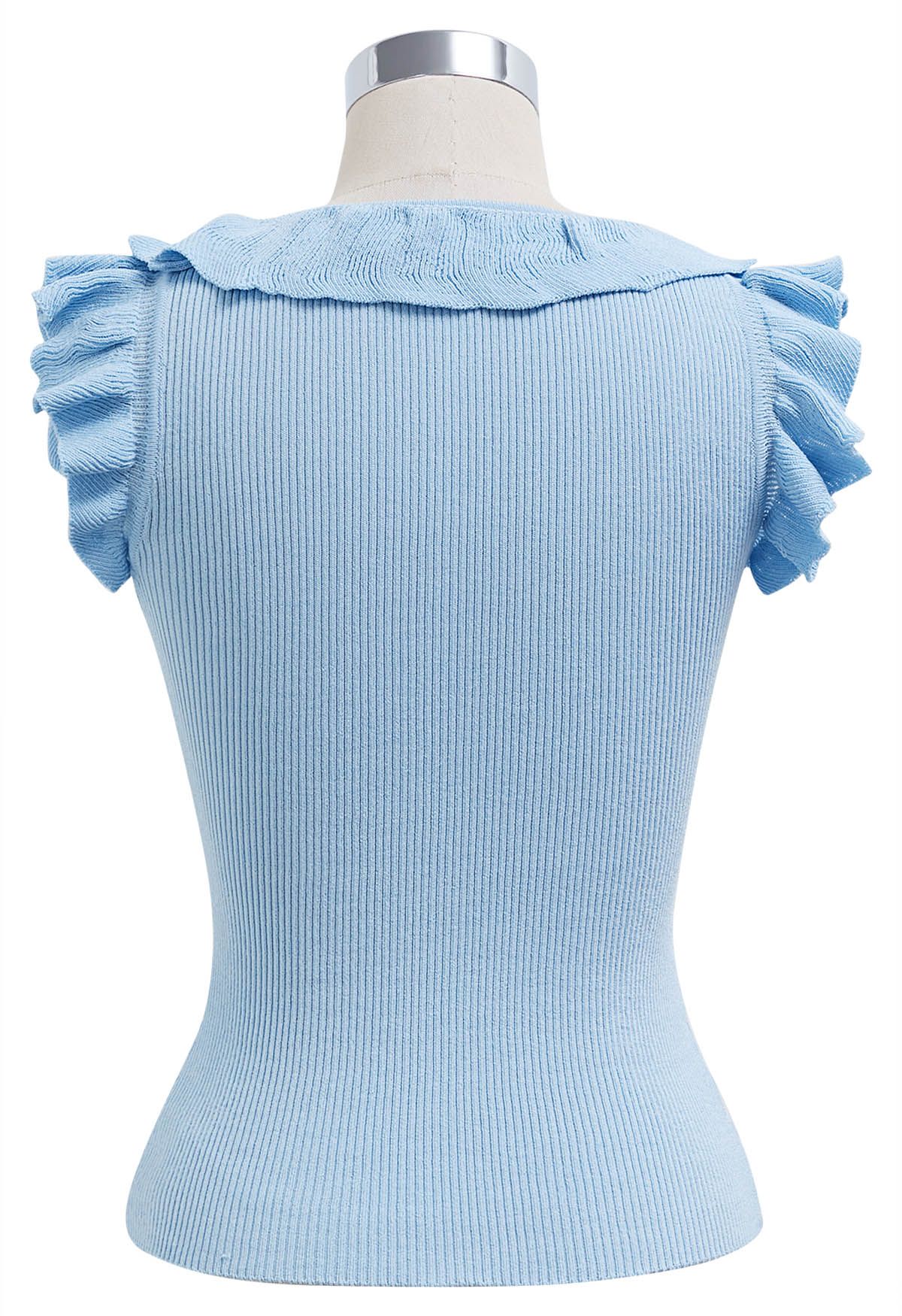 Ethereal – Ärmelloses Stricktop mit Rüschen in Blau