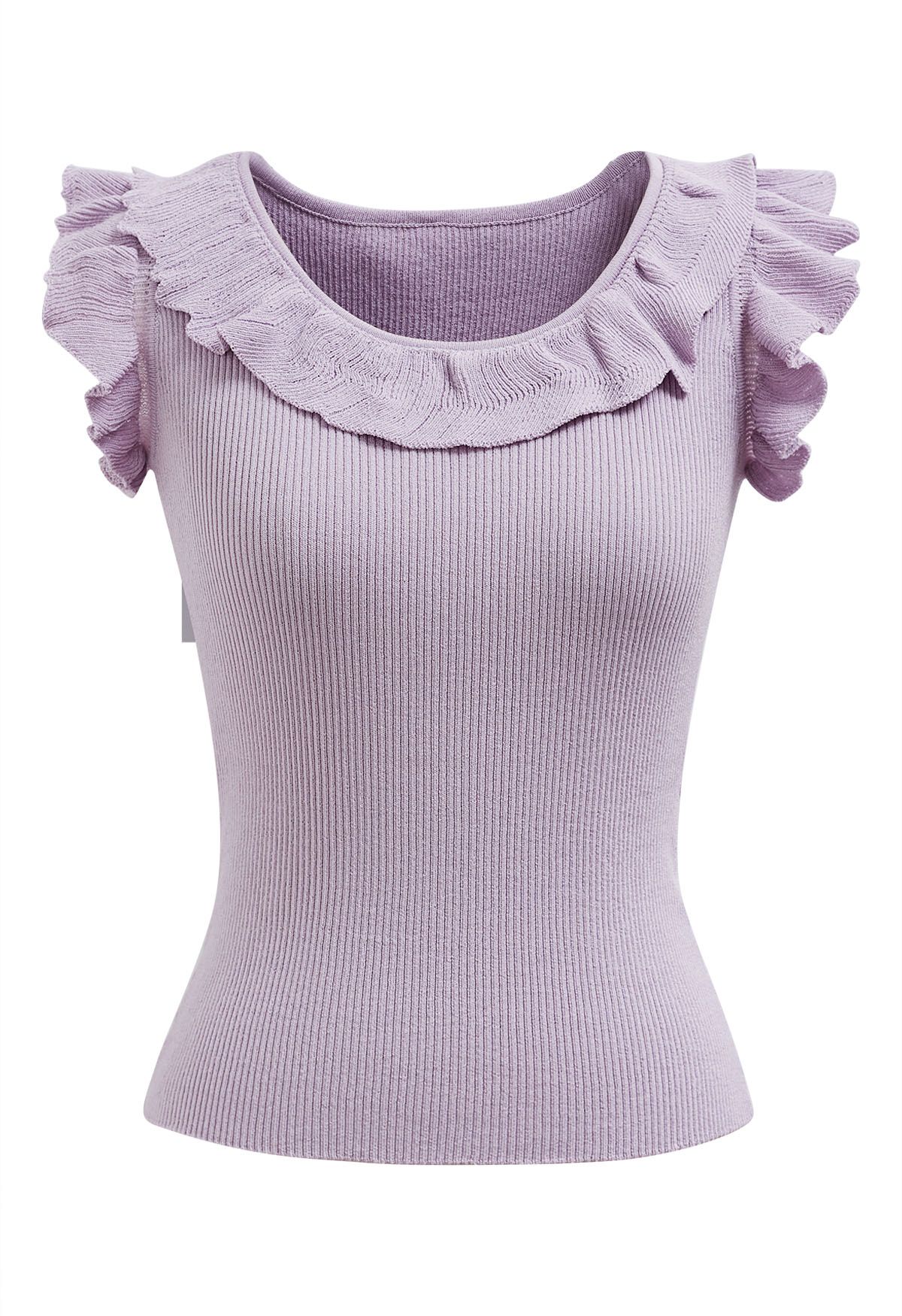 Ethereal – Ärmelloses Stricktop mit Rüschen in Flieder