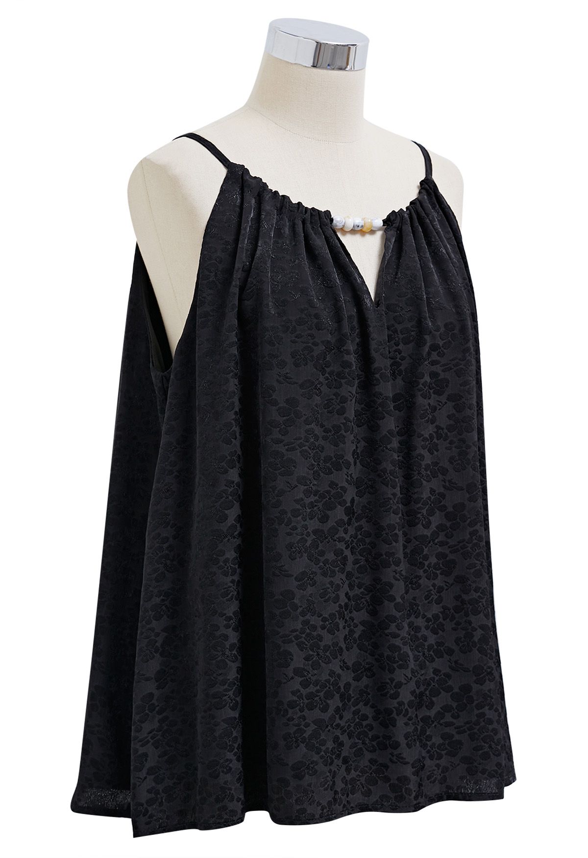 Neckholder-Top mit Blumenmuster und Perlen in Schwarz