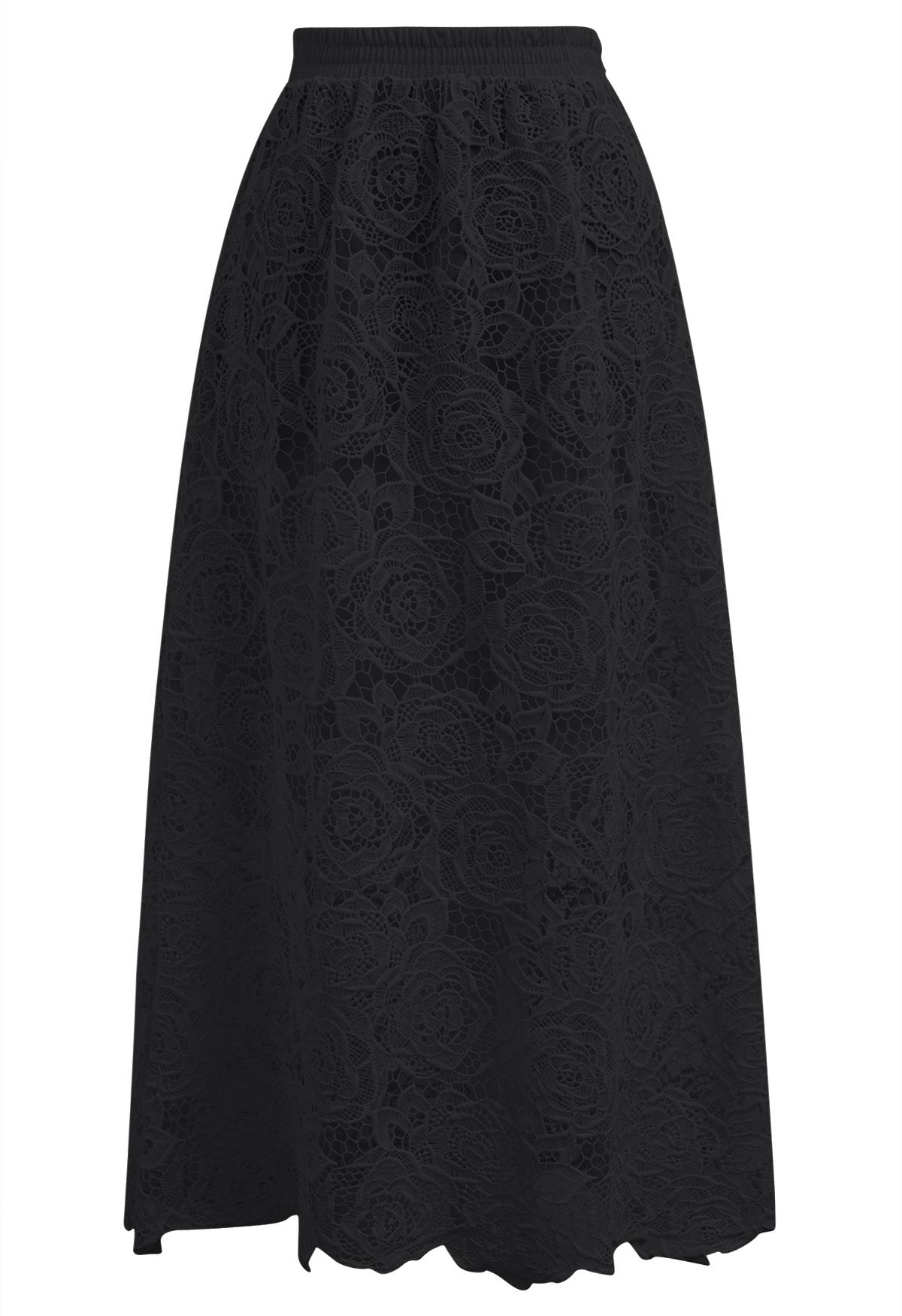 Exquisiter Maxirock aus Spitze mit Cutwork-Muster von Rose in Schwarz