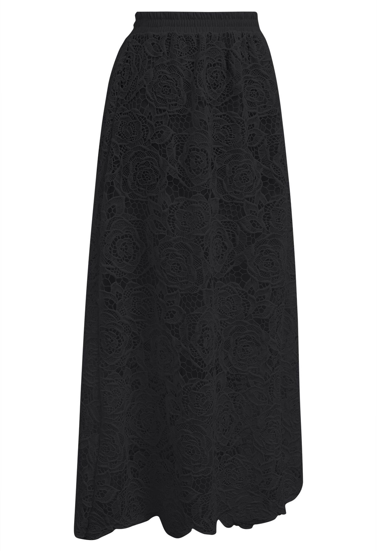 Exquisiter Maxirock aus Spitze mit Cutwork-Muster von Rose in Schwarz