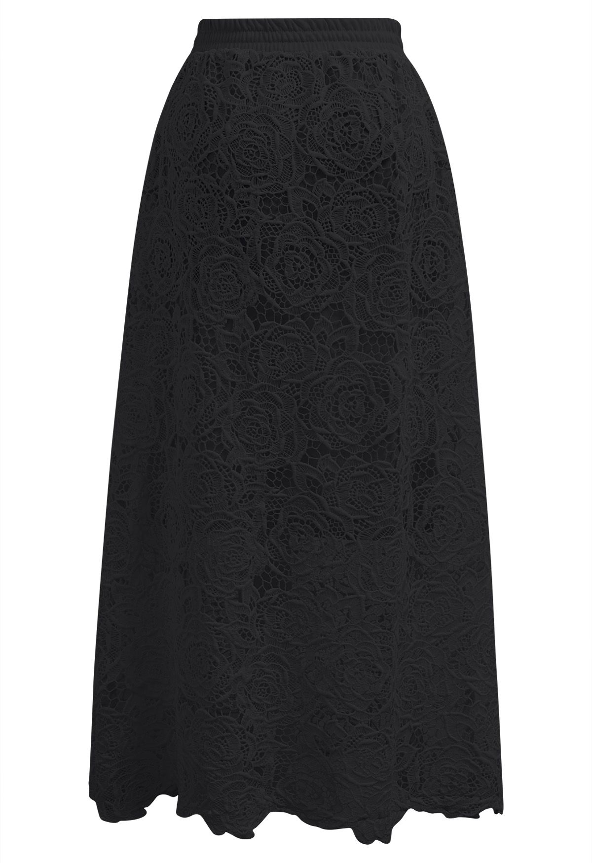 Exquisiter Maxirock aus Spitze mit Cutwork-Muster von Rose in Schwarz