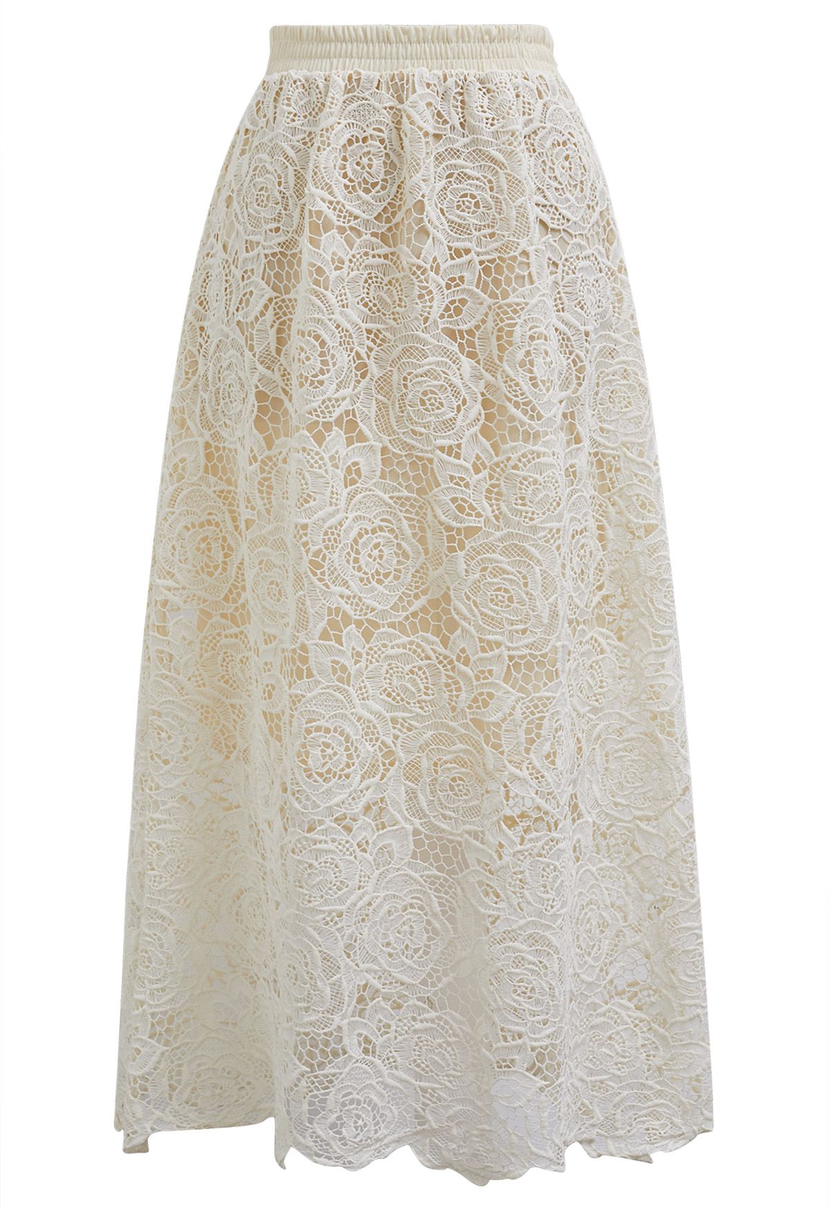 Exquisiter Maxirock aus Spitze mit Cutwork-Muster von Rose in Creme