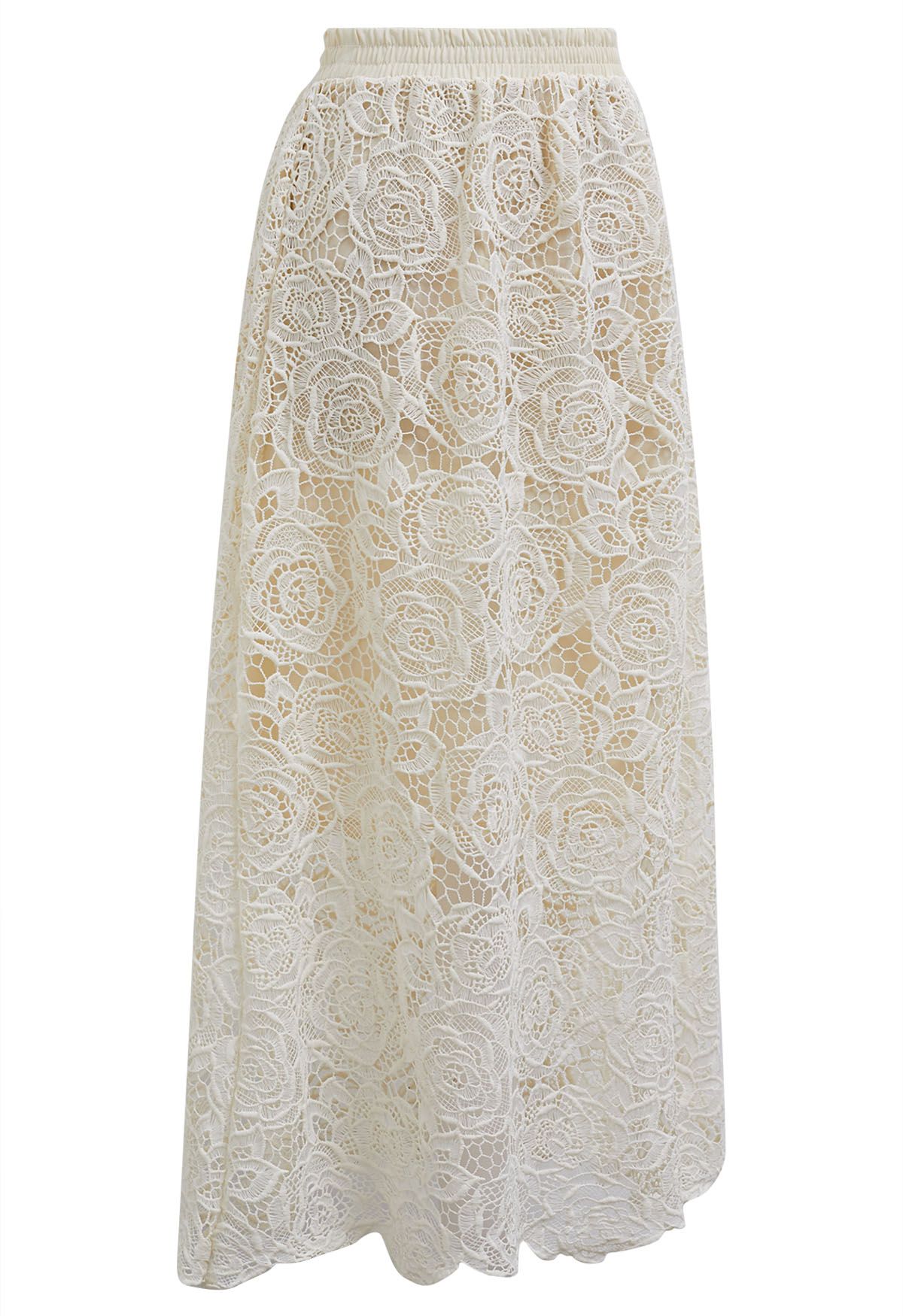 Exquisiter Maxirock aus Spitze mit Cutwork-Muster von Rose in Creme