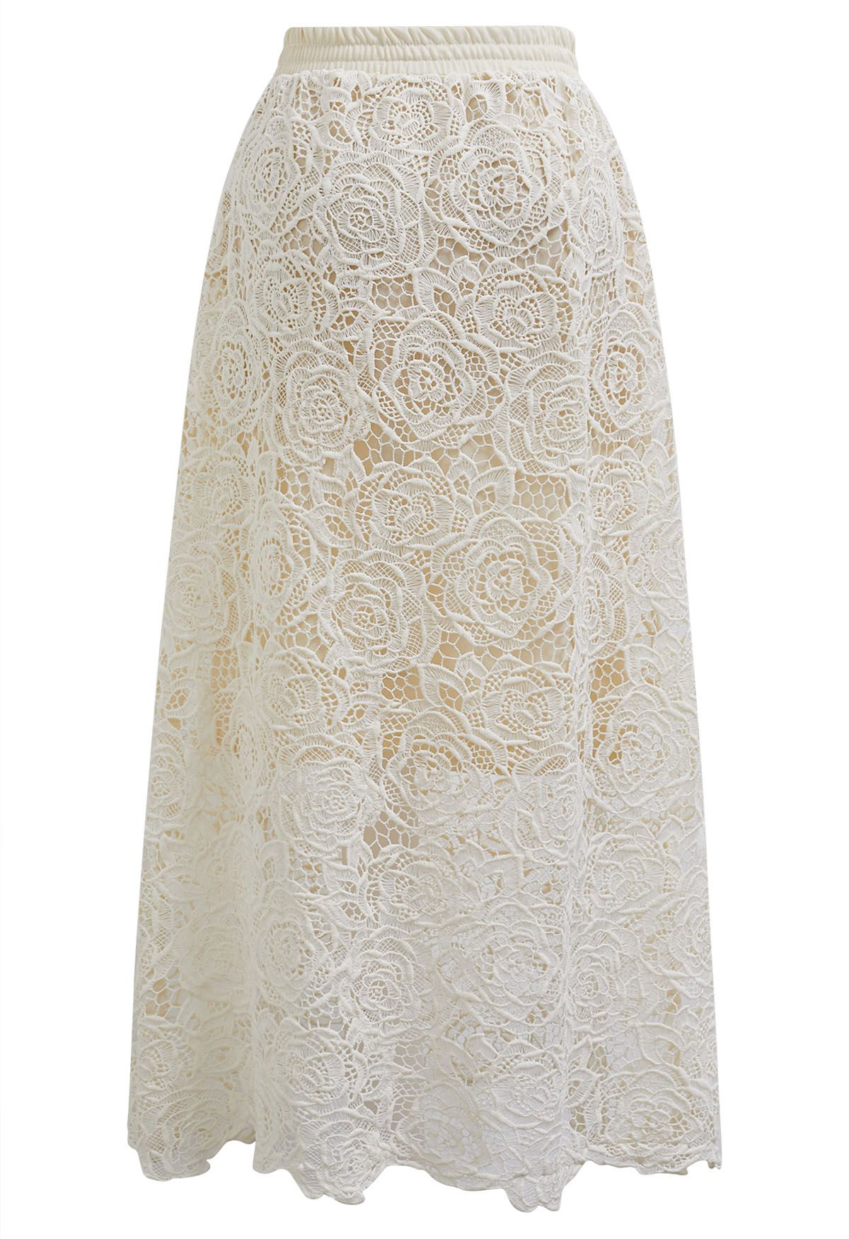 Exquisiter Maxirock aus Spitze mit Cutwork-Muster von Rose in Creme