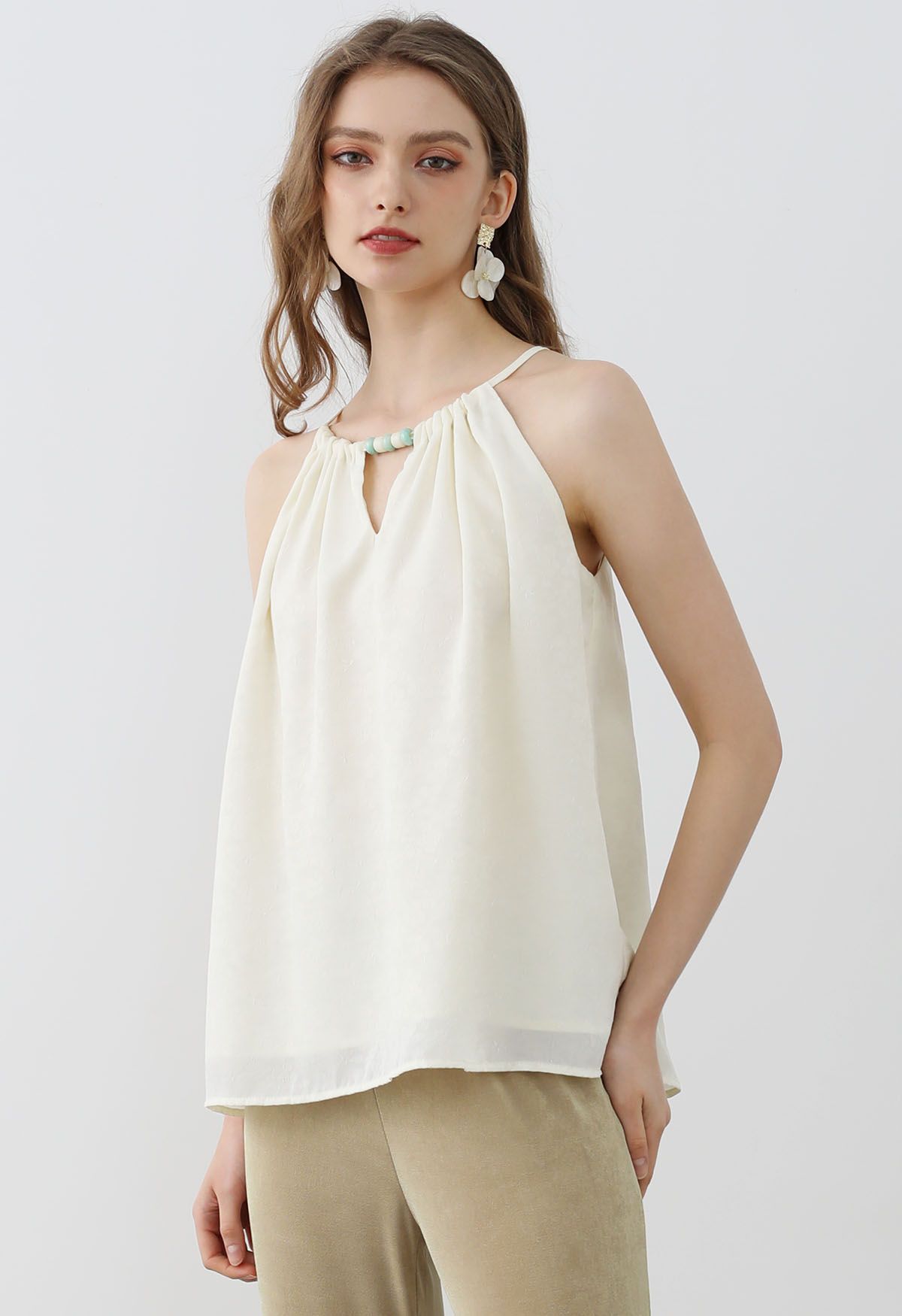 Neckholder-Top mit Blumenmuster und Jacquardmuster in Creme