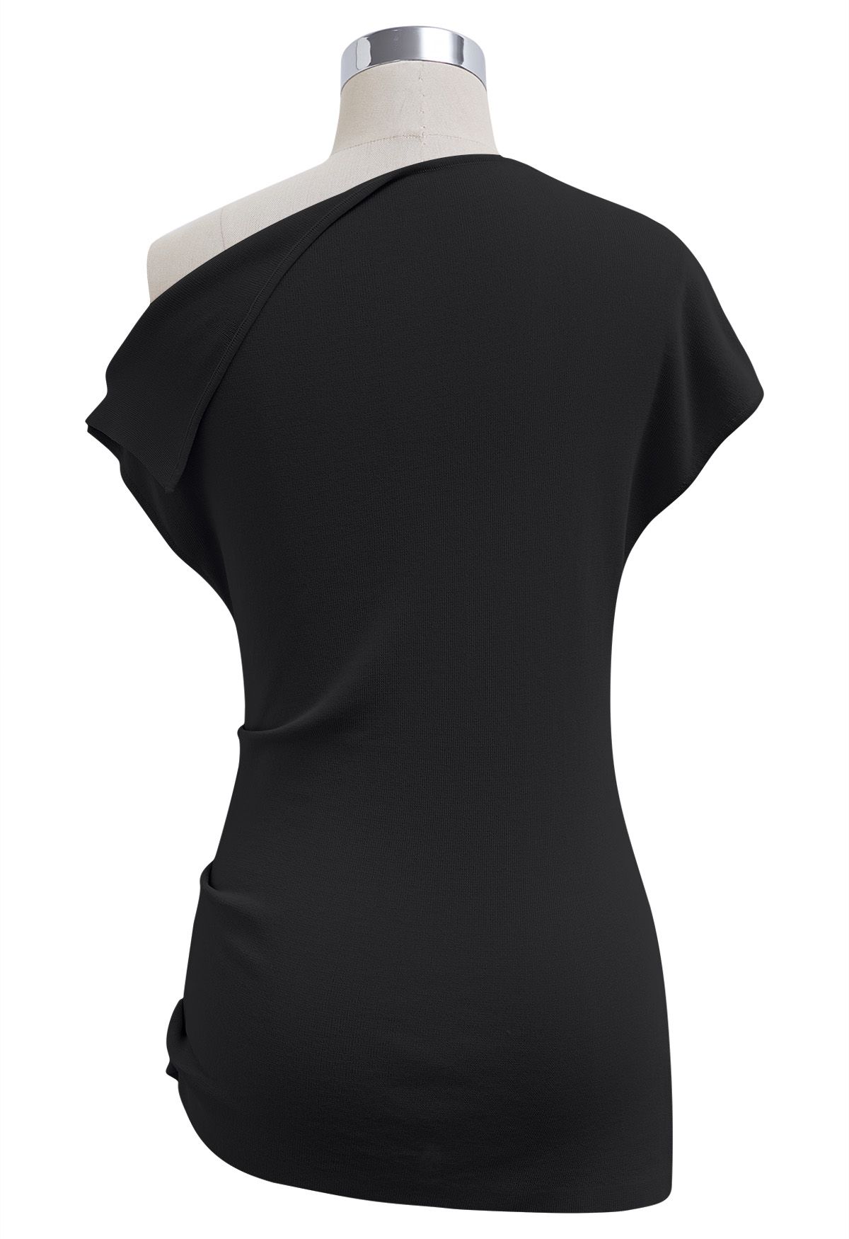 Asymmetrisches Stricktop mit gefaltetem Kragen in Schwarz