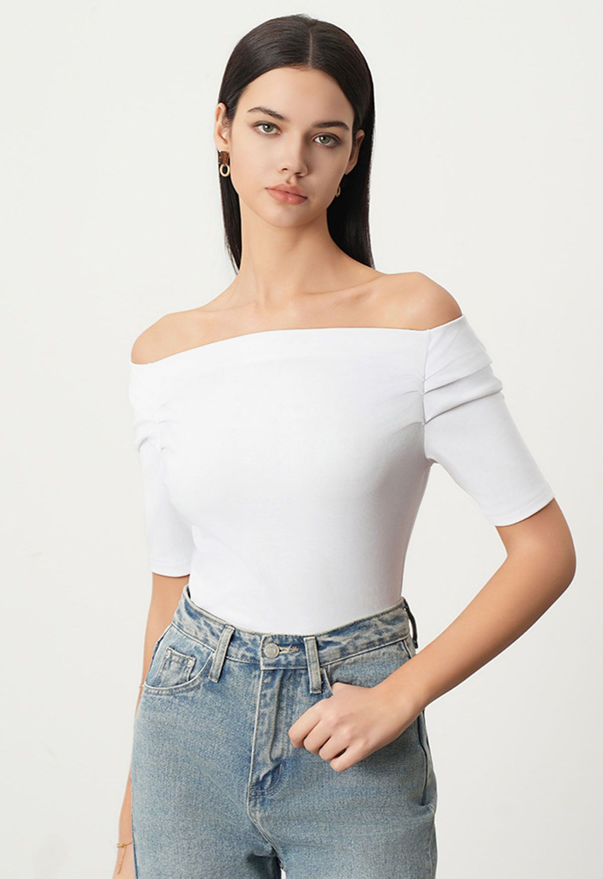 Off-Shoulder-Rüschen-Kurzarm-Top in Weiß