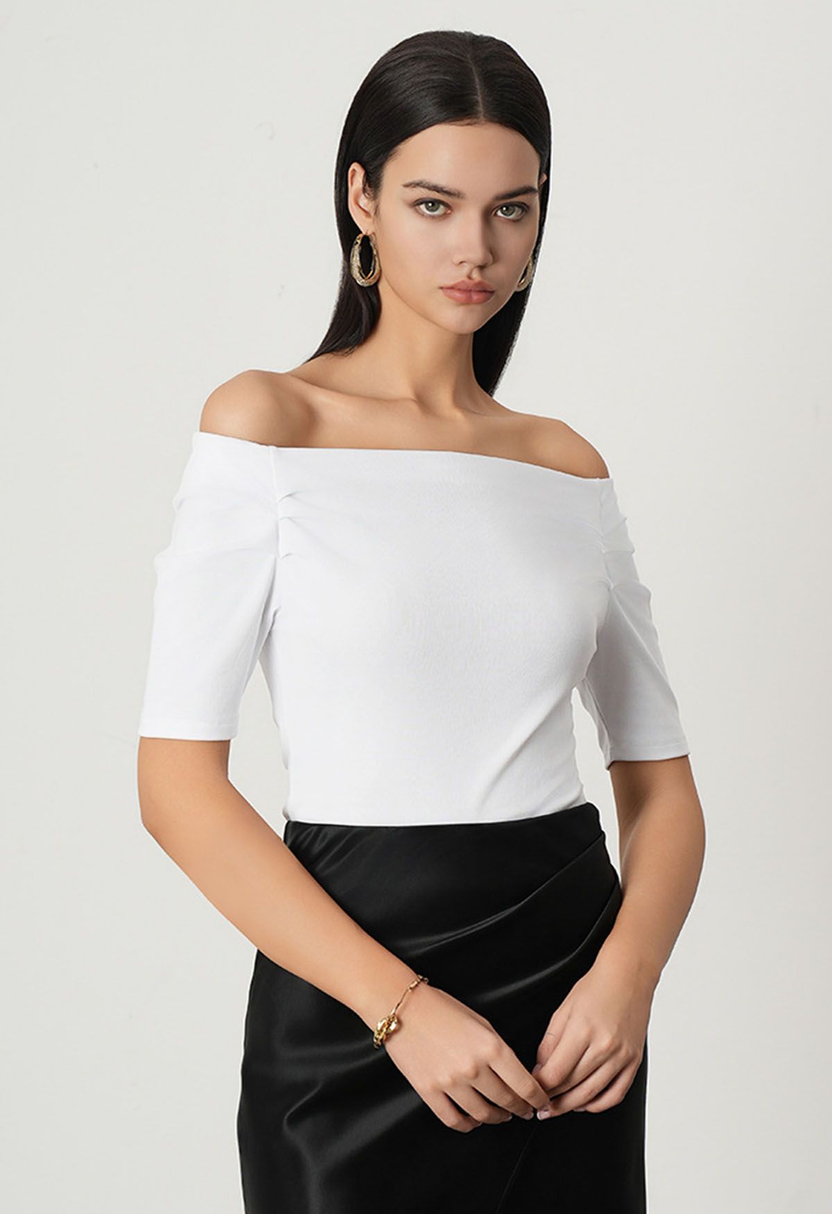 Off-Shoulder-Rüschen-Kurzarm-Top in Weiß