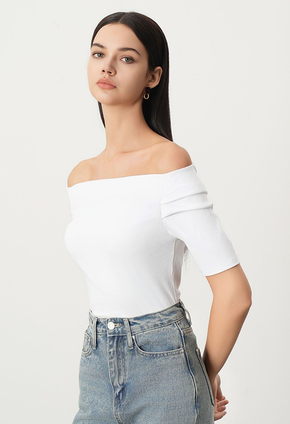 Off-Shoulder-Rüschen-Kurzarm-Top in Weiß