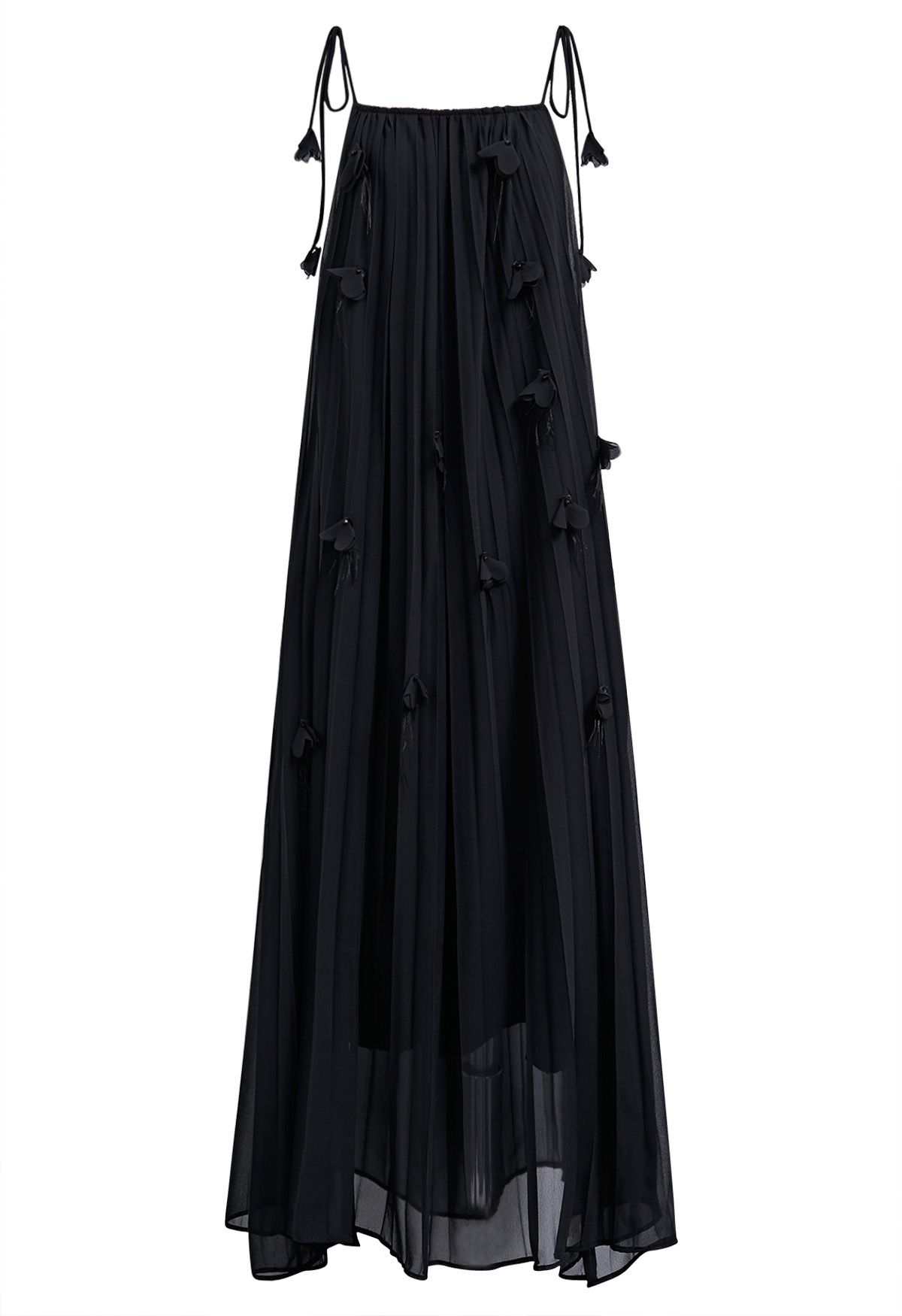 Plissiertes Chiffonkleid mit 3D-Blumenmuster und Bindebändern an den Schultern in Schwarz