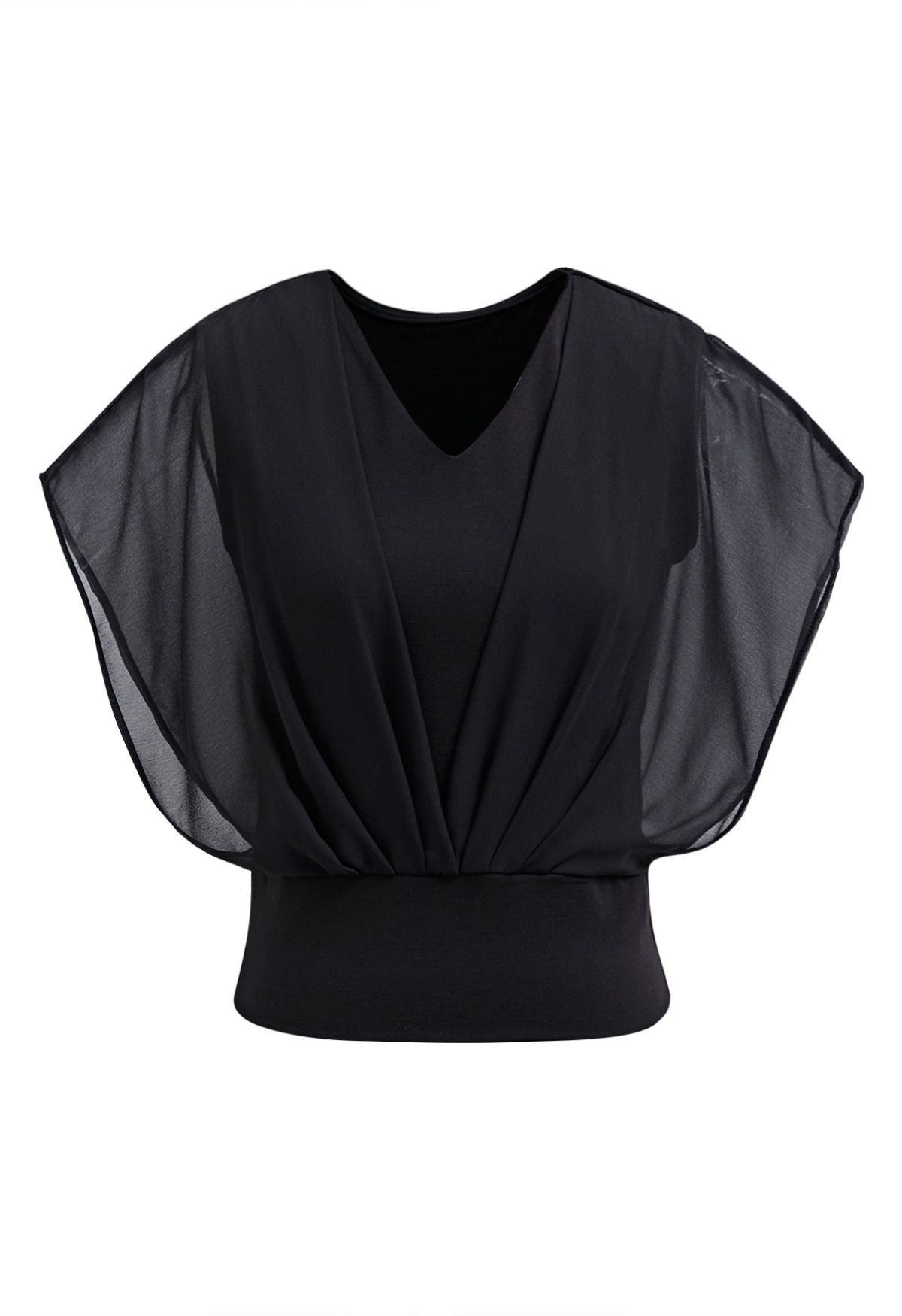 Fließendes, gespleißtes Chiffon-Crop-Top mit V-Ausschnitt in Schwarz