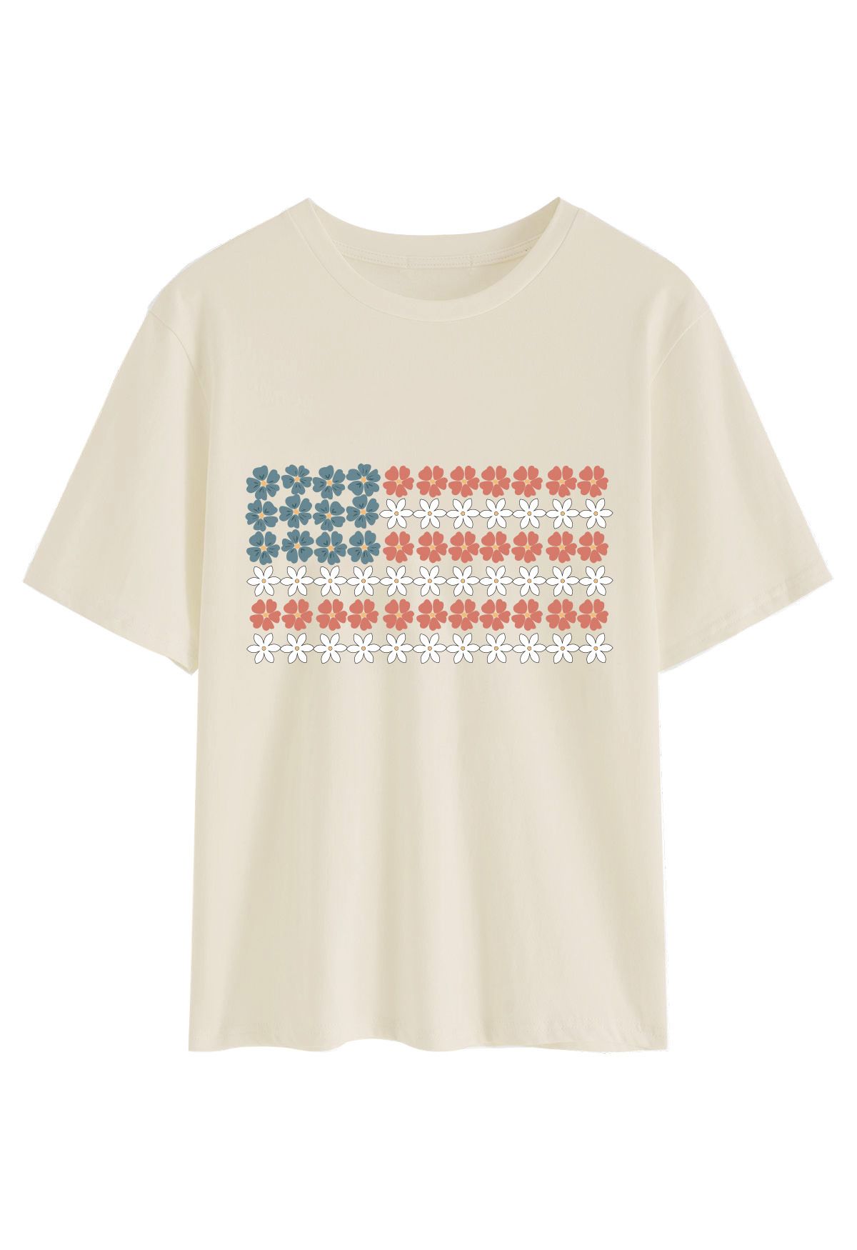 T-Shirt mit Rundhalsausschnitt und Blumenmuster in Floret-Optik mit amerikanischer Flagge