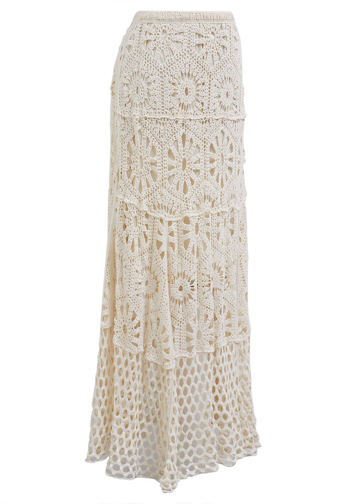 Bohemian Cutwork Häkel-Maxirock in Sand