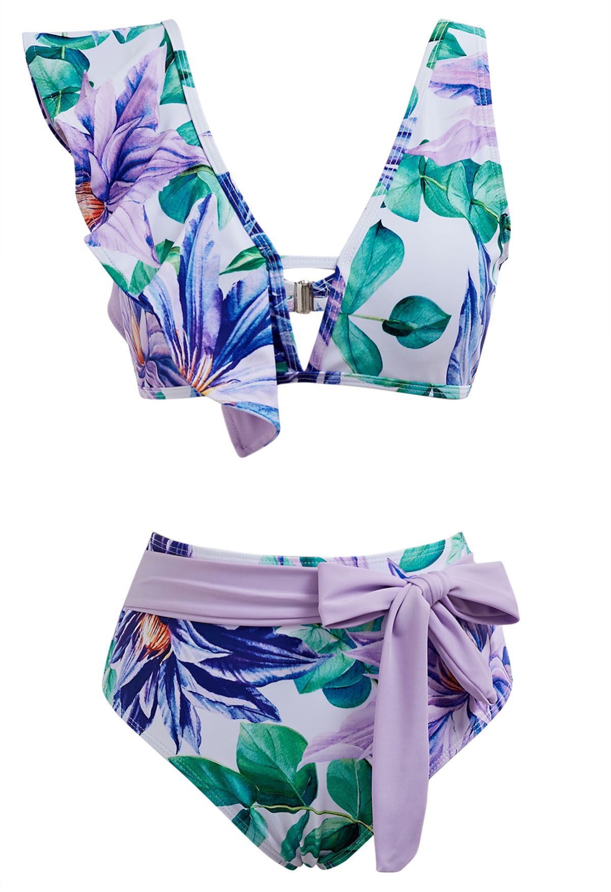 Lila Bikini-Set mit Rüschen und Blumenmuster