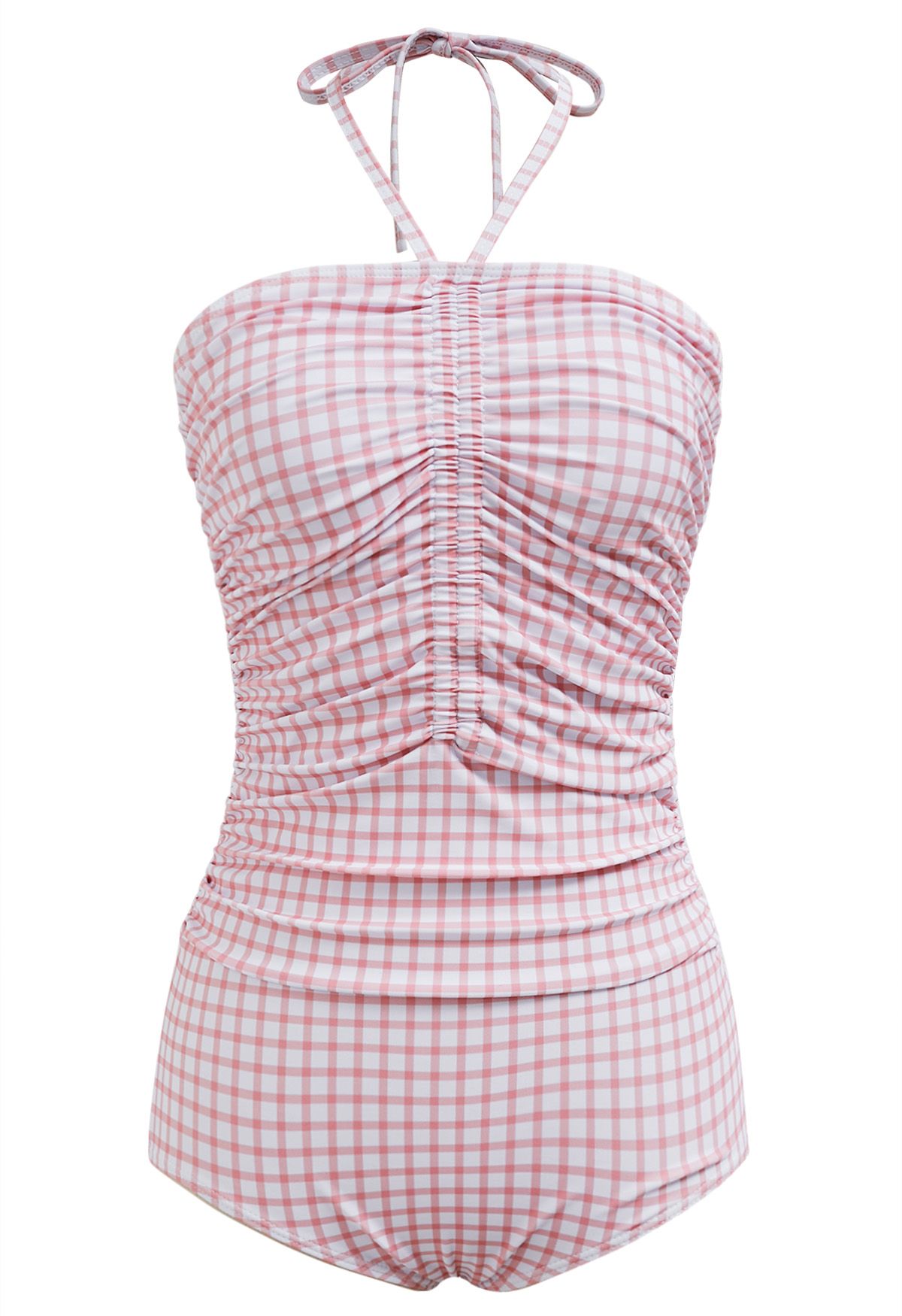 Neckholder-Badeanzug mit Gingham-Muster und Kordelzug in Rosa