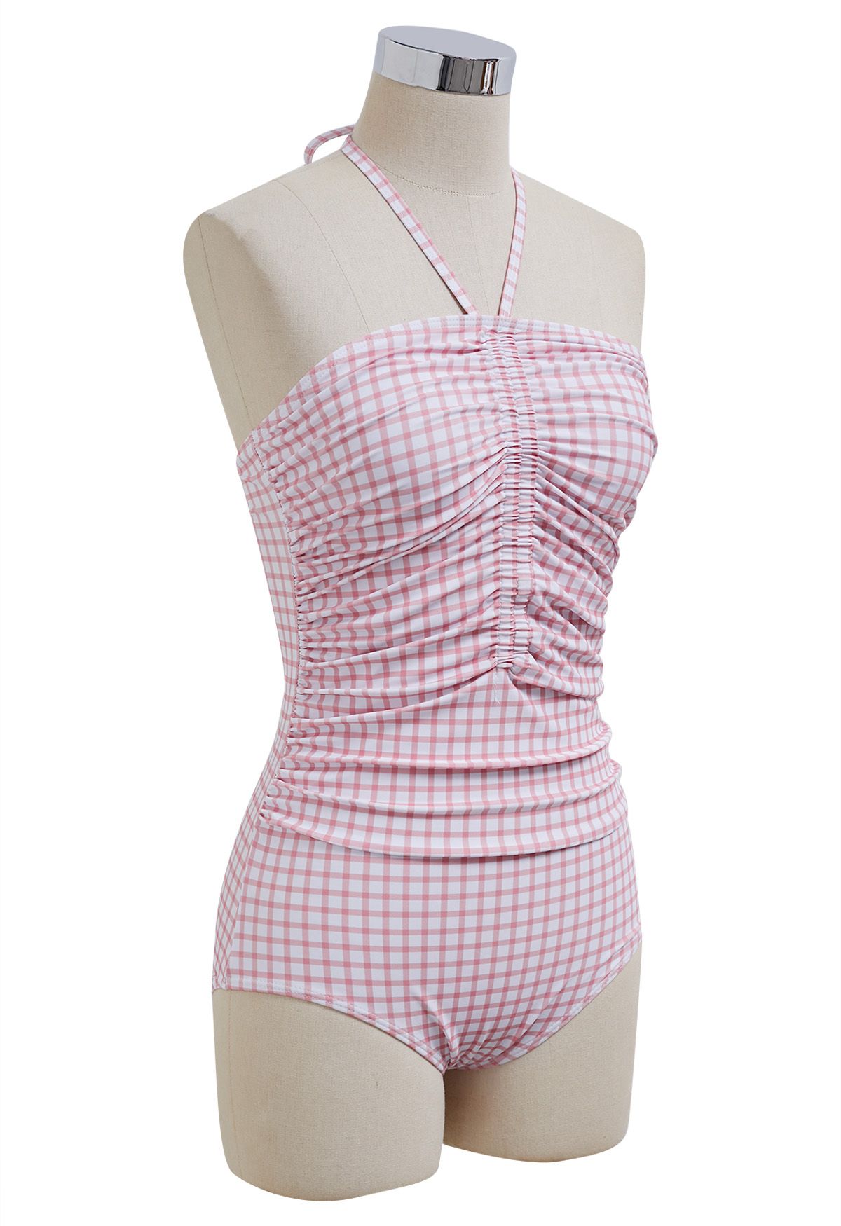 Neckholder-Badeanzug mit Gingham-Muster und Kordelzug in Rosa