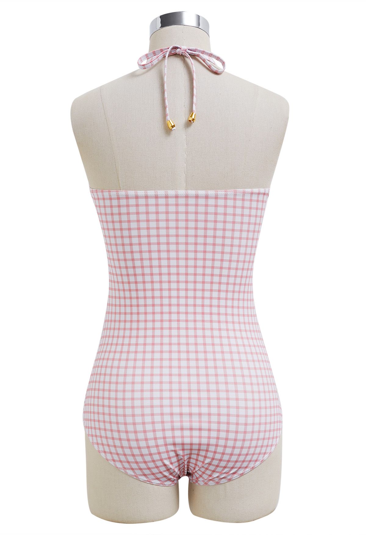 Neckholder-Badeanzug mit Gingham-Muster und Kordelzug in Rosa