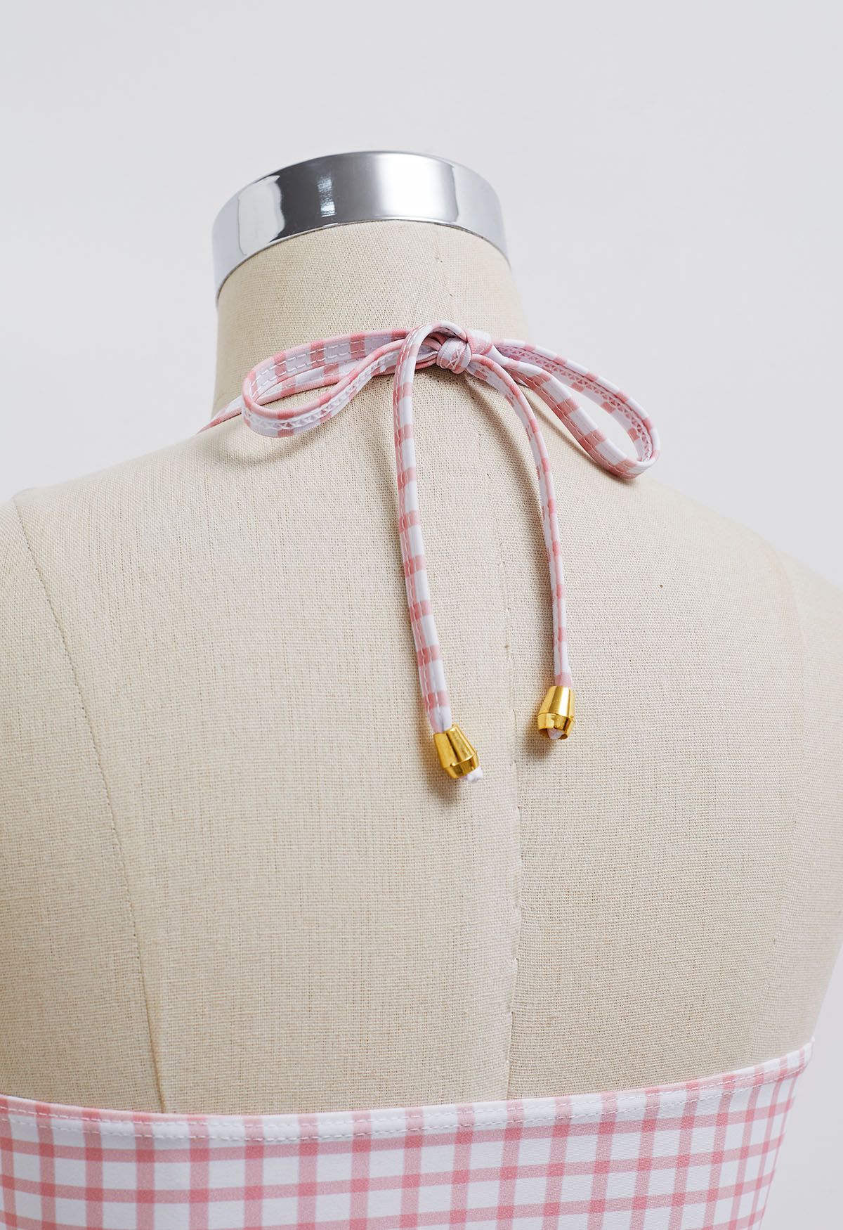 Neckholder-Badeanzug mit Gingham-Muster und Kordelzug in Rosa