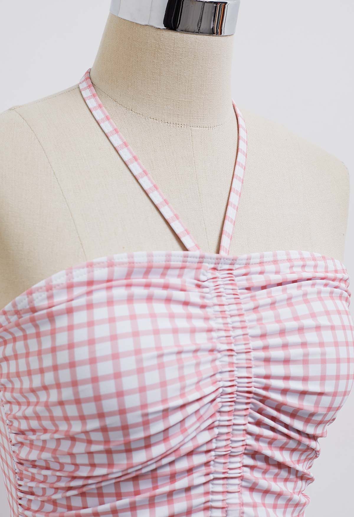 Neckholder-Badeanzug mit Gingham-Muster und Kordelzug in Rosa