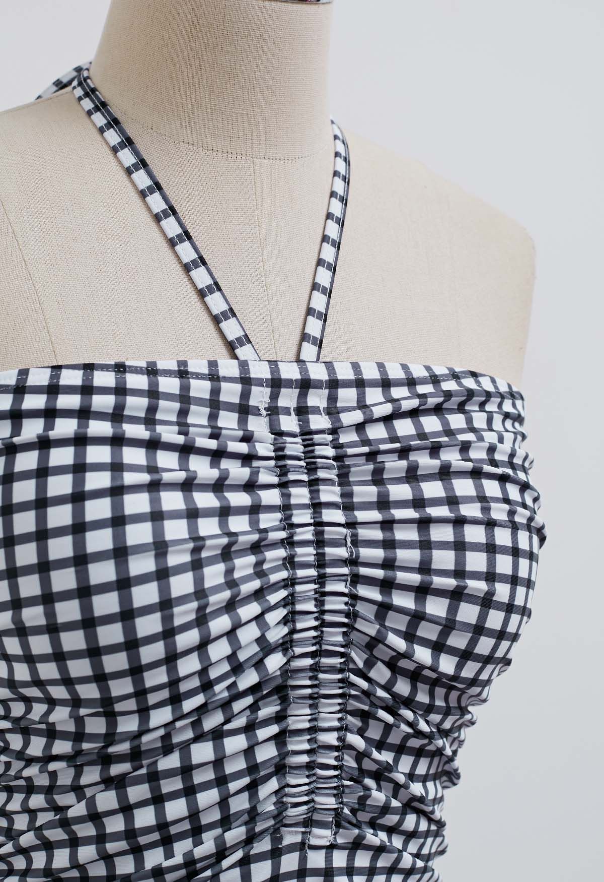 Neckholder-Badeanzug mit Gingham-Muster und Kordelzug in Schwarz