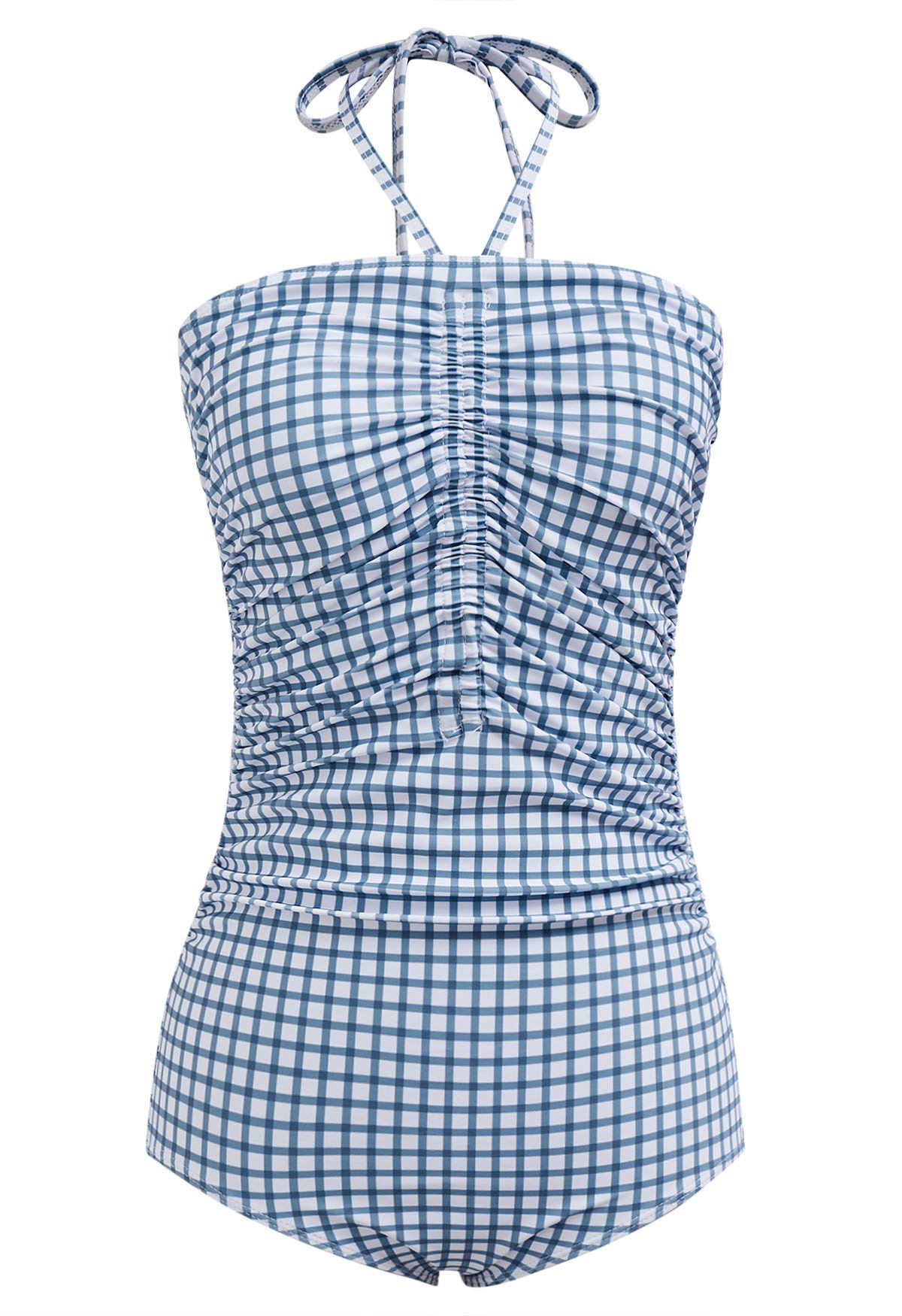 Neckholder-Badeanzug mit Gingham-Muster und Kordelzug in Blau