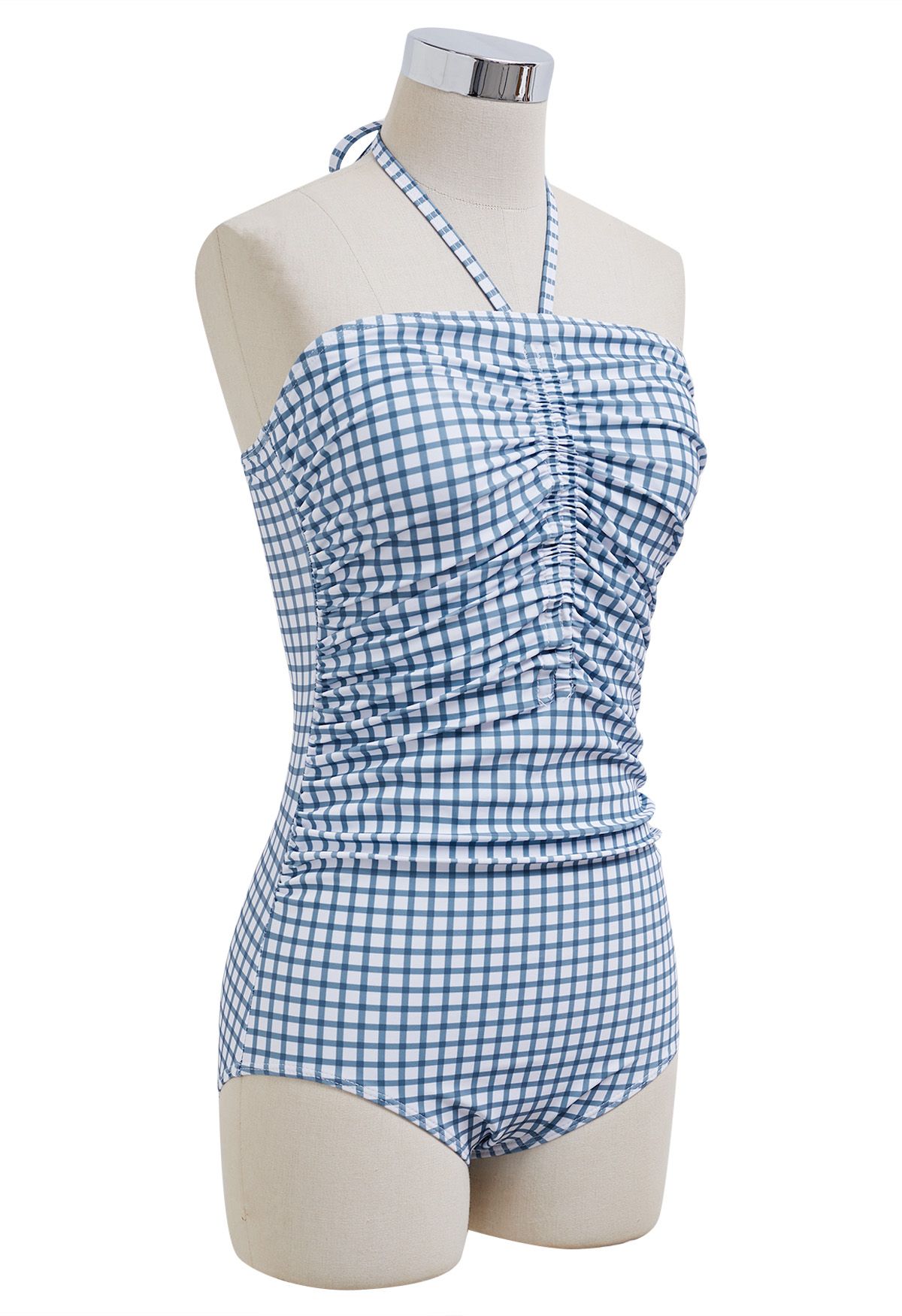 Neckholder-Badeanzug mit Gingham-Muster und Kordelzug in Blau