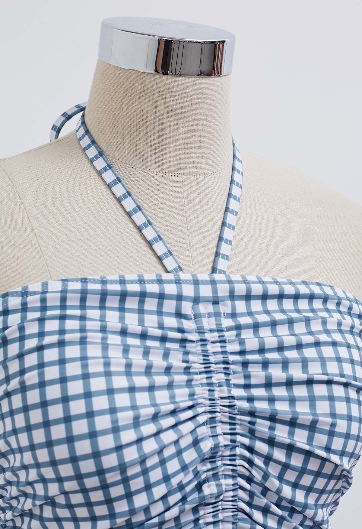 Neckholder-Badeanzug mit Gingham-Muster und Kordelzug in Blau