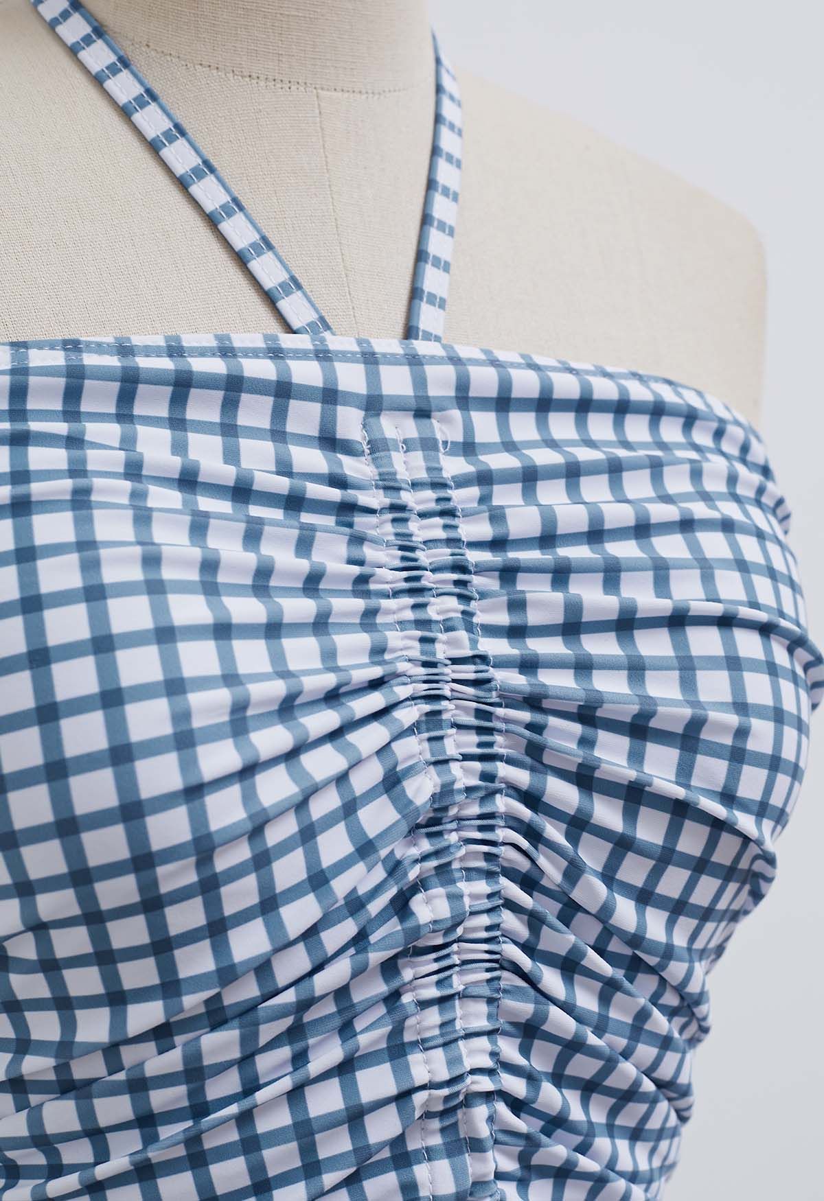 Neckholder-Badeanzug mit Gingham-Muster und Kordelzug in Blau