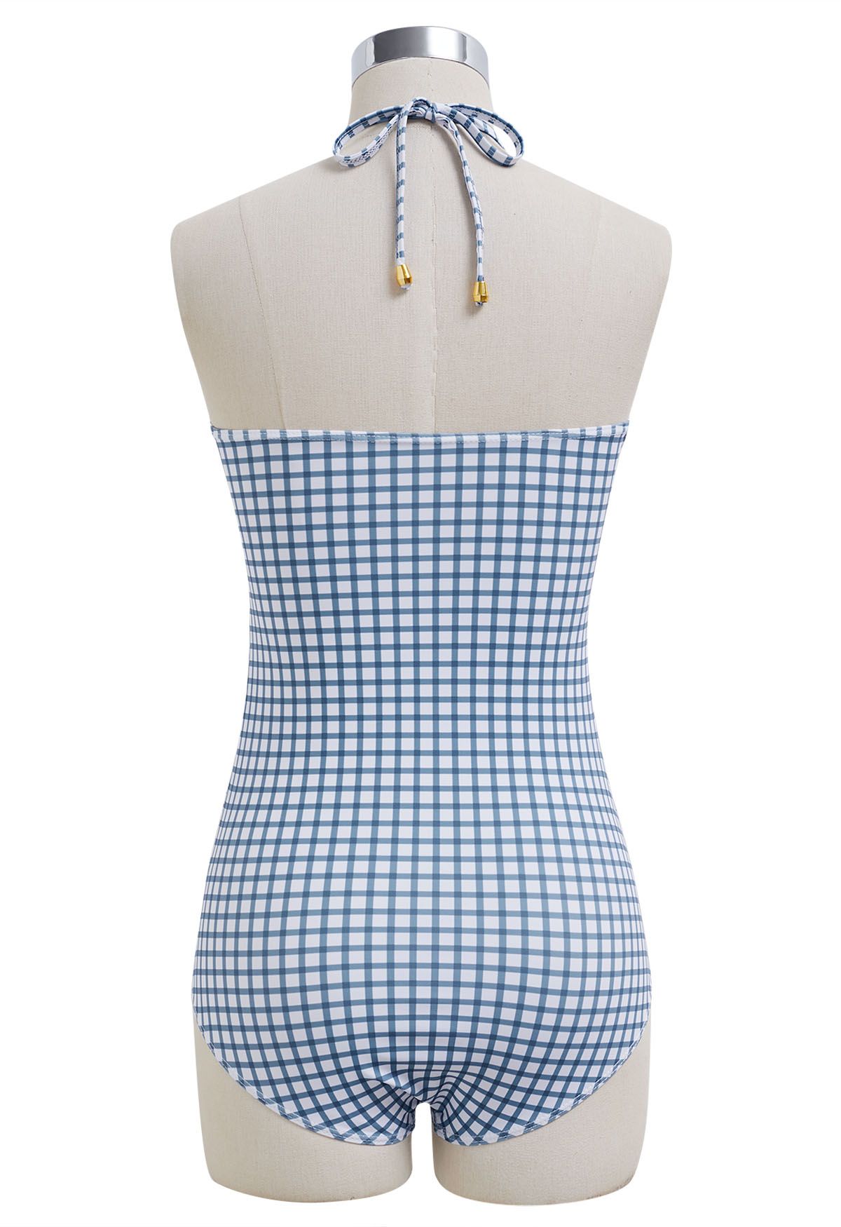 Neckholder-Badeanzug mit Gingham-Muster und Kordelzug in Blau