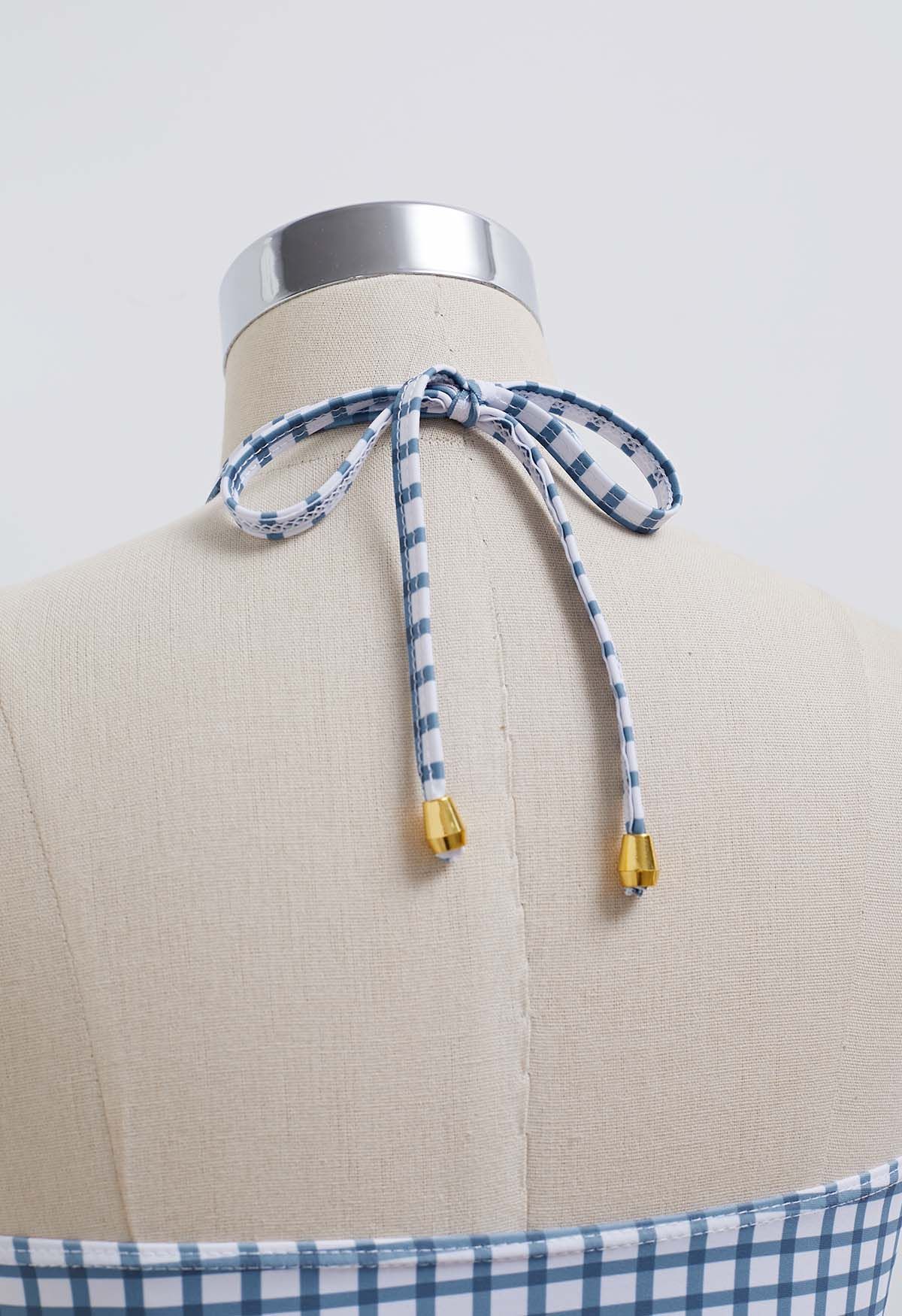 Neckholder-Badeanzug mit Gingham-Muster und Kordelzug in Blau