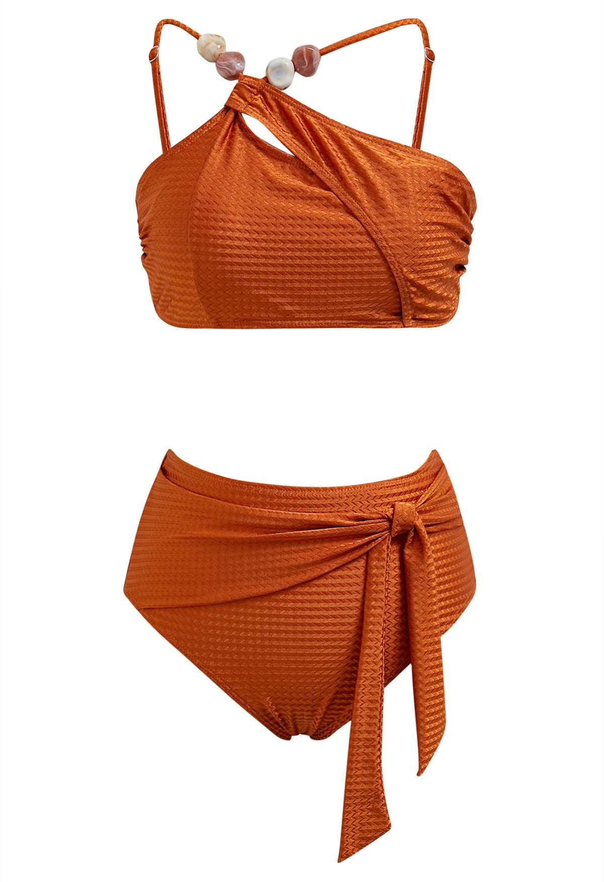 Bikini-Set mit asymmetrischen Trägern und Schleife aus Kunstharzperlen in Karamell