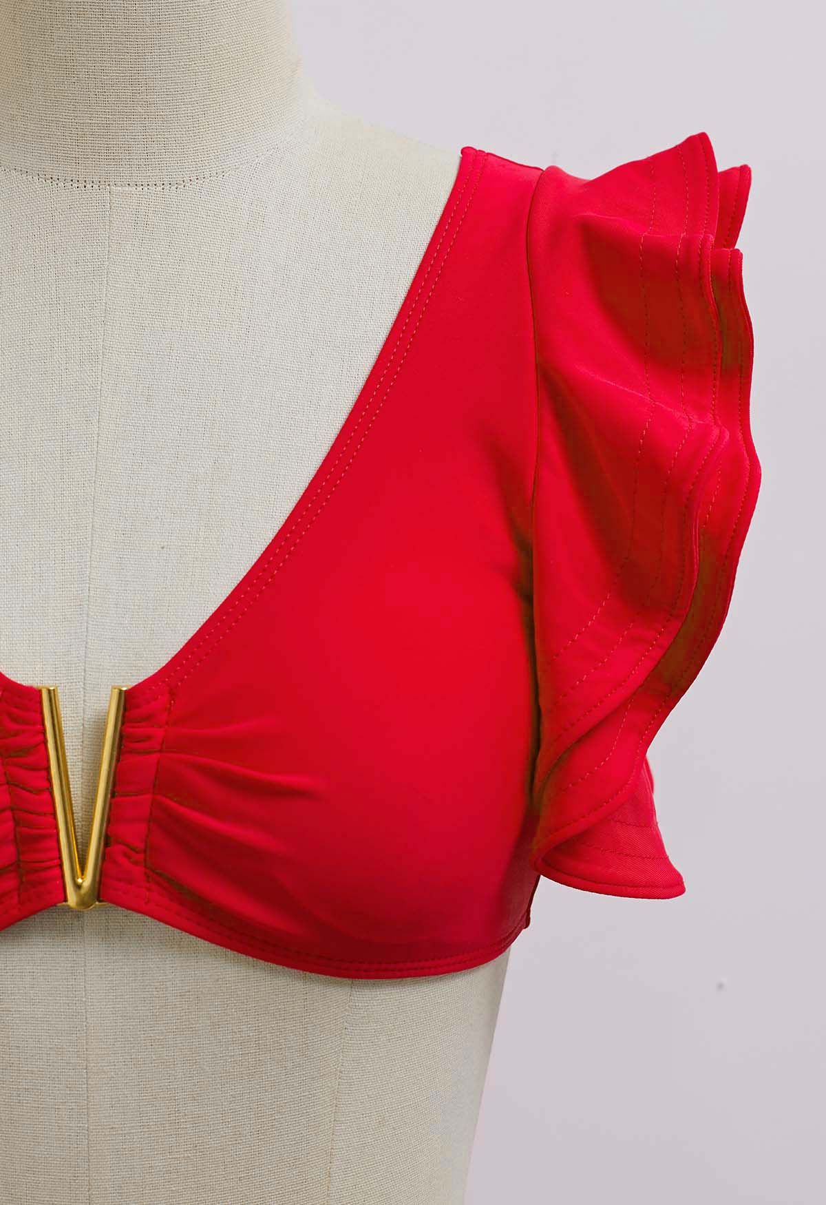 V-förmiges Rüschen-Bikini-Set mit Metallbesatz in Rot