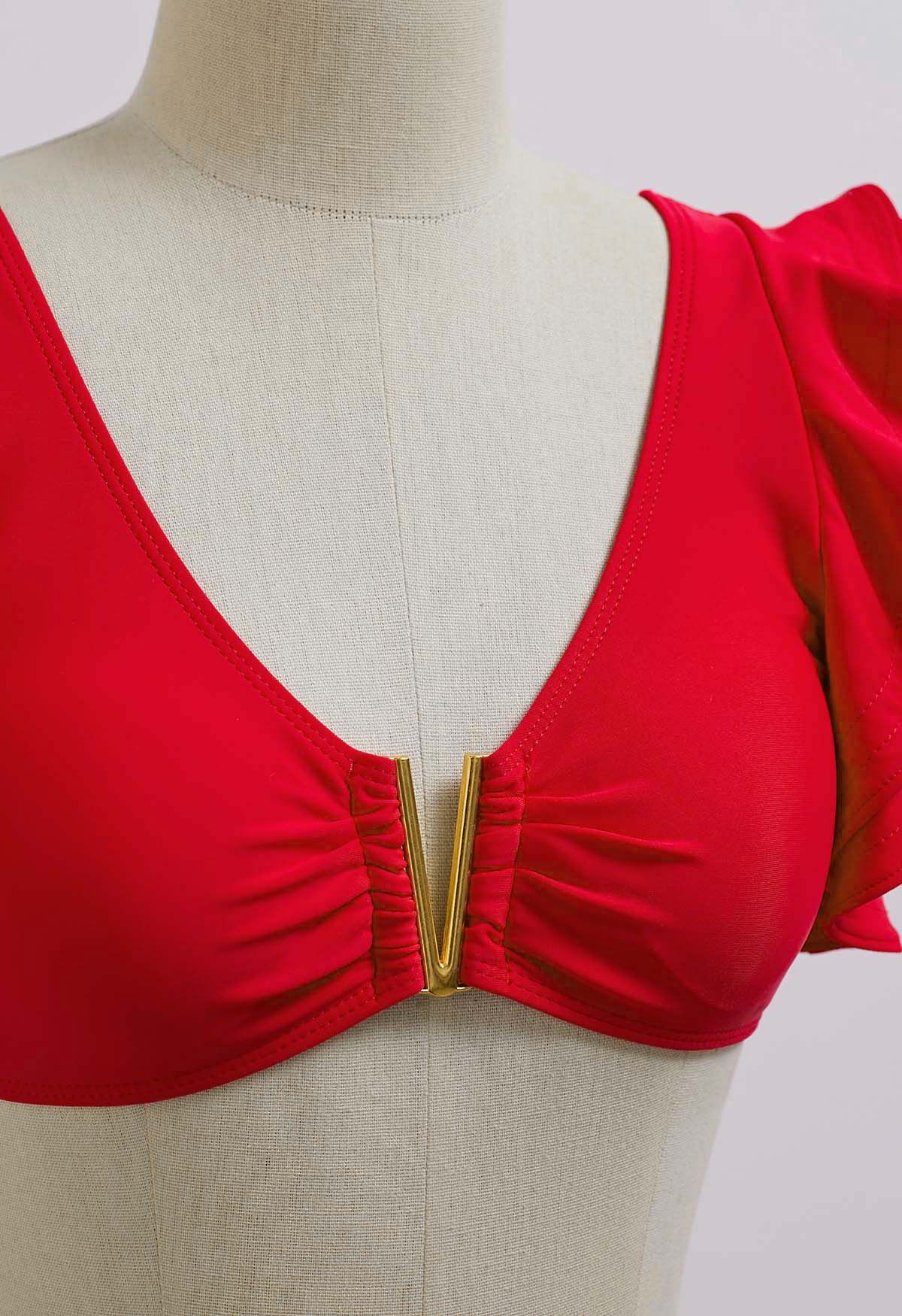 V-förmiges Rüschen-Bikini-Set mit Metallbesatz in Rot