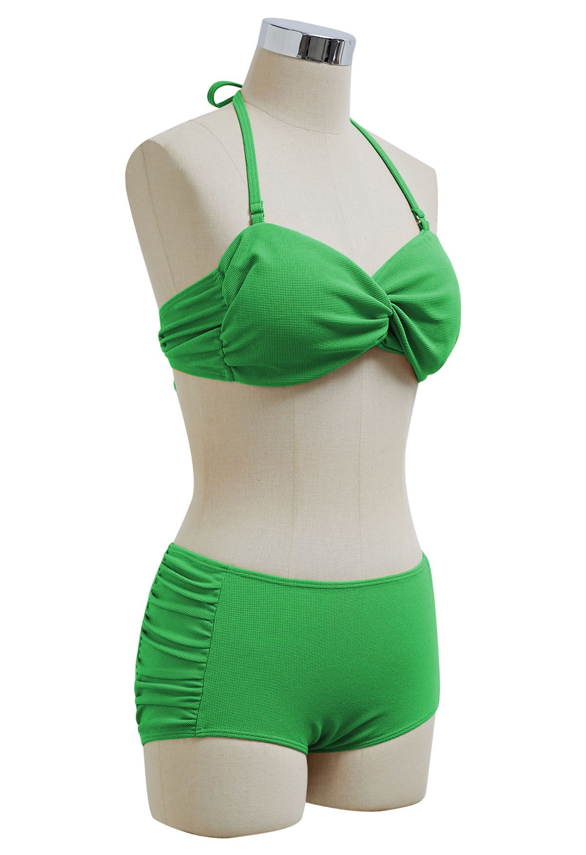 Neckholder-Bikini-Set mit verdrehtem Detail und seitlicher Rüsche in Grün