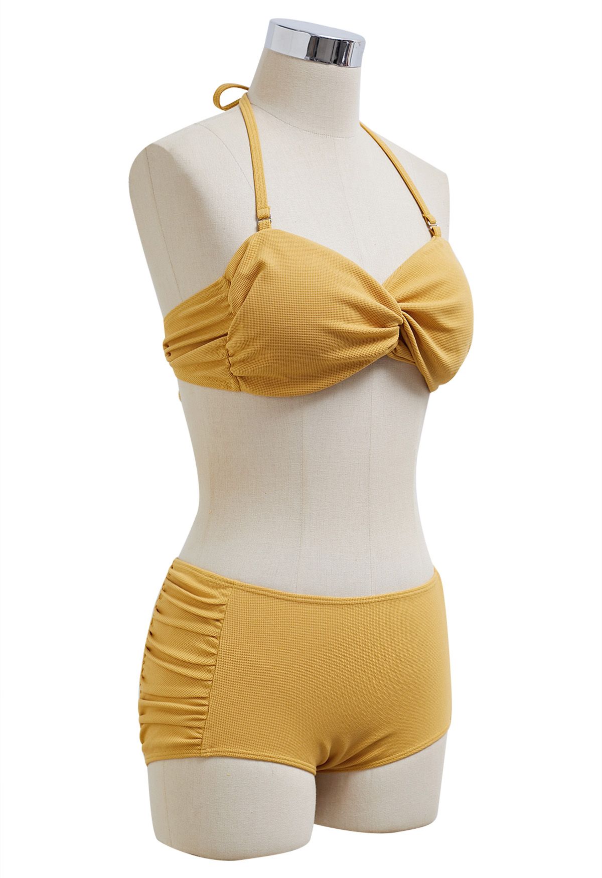 Neckholder-Bikini-Set mit verdrehtem Detail und seitlicher Rüsche in Senfgelb