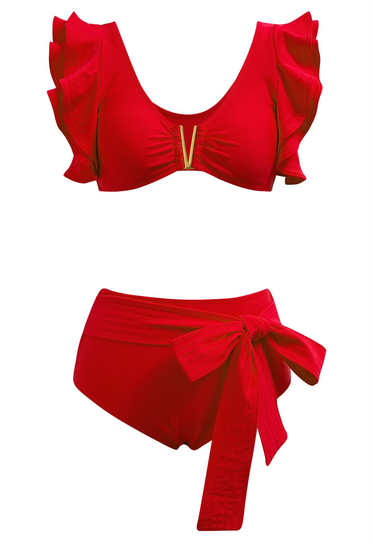 V-förmiges Rüschen-Bikini-Set mit Metallbesatz in Rot