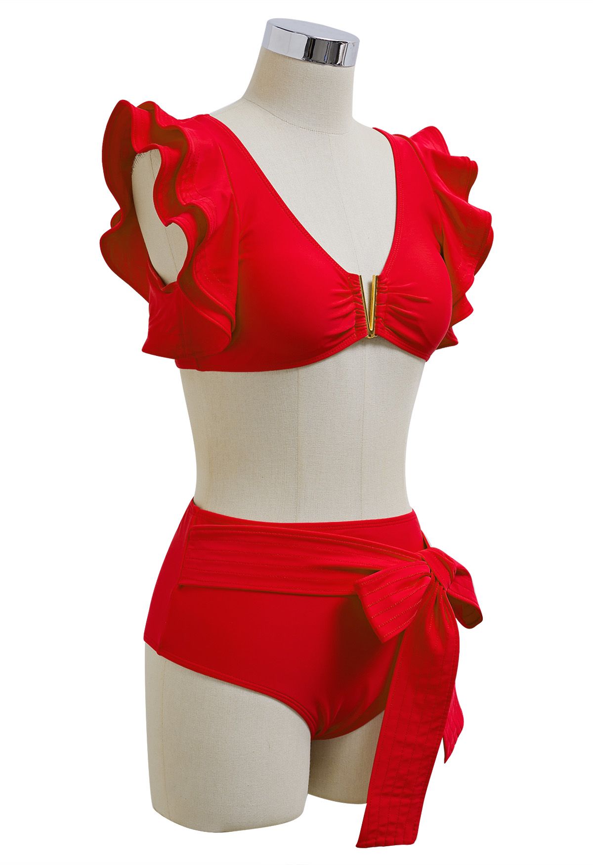 V-förmiges Rüschen-Bikini-Set mit Metallbesatz in Rot