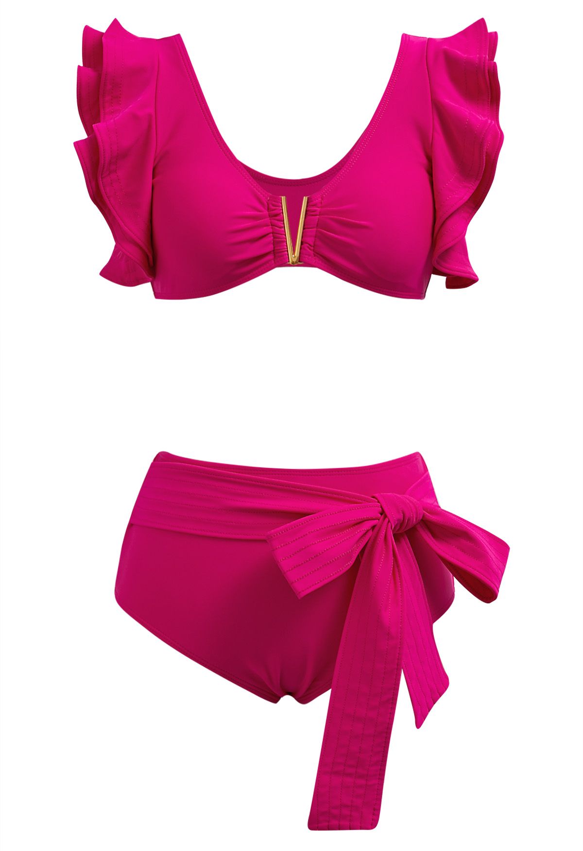 V-förmiges Rüschen-Bikini-Set mit Metallbesatz in Pink