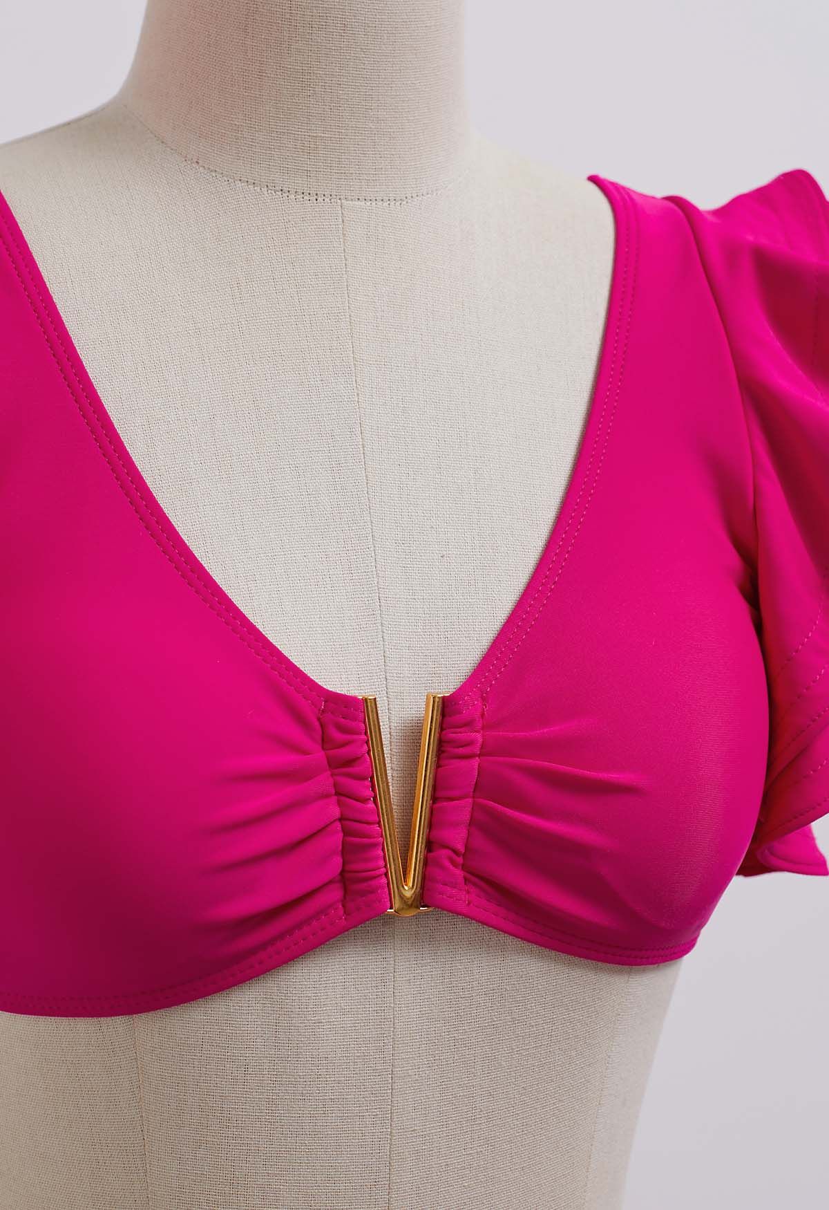 V-förmiges Rüschen-Bikini-Set mit Metallbesatz in Pink