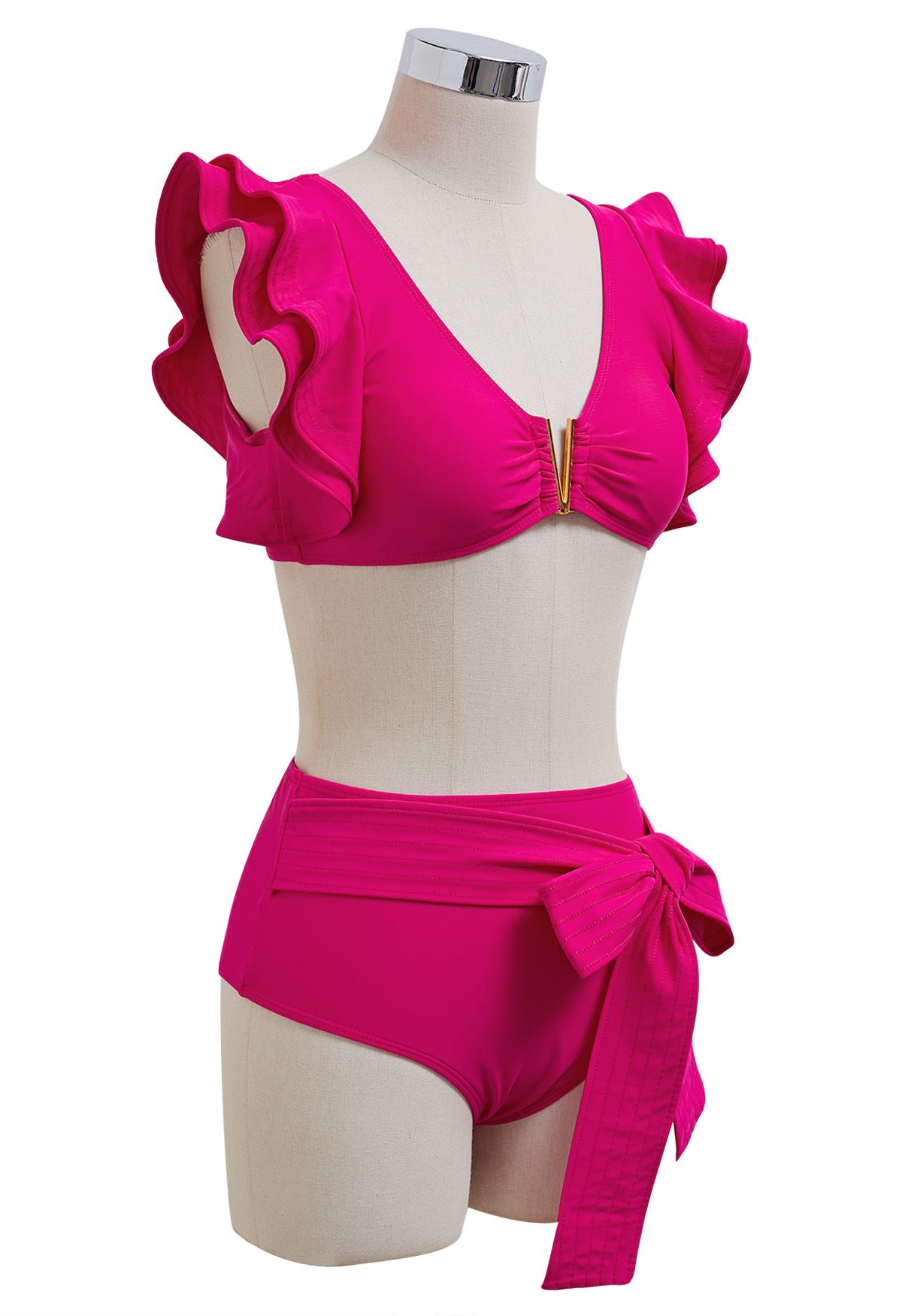 V-förmiges Rüschen-Bikini-Set mit Metallbesatz in Pink