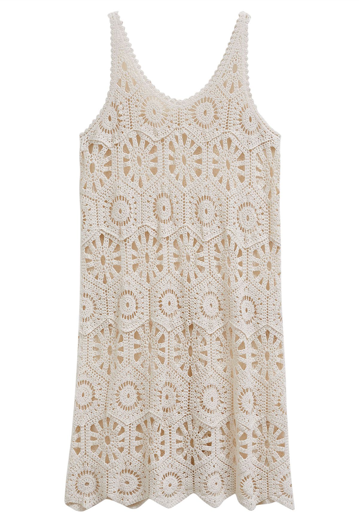 Bohemian Cutwork Häkel-Überwurfkleid in Creme