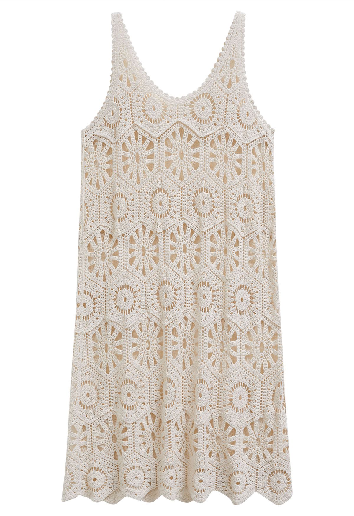 Bohemian Cutwork Häkel-Überwurfkleid in Creme