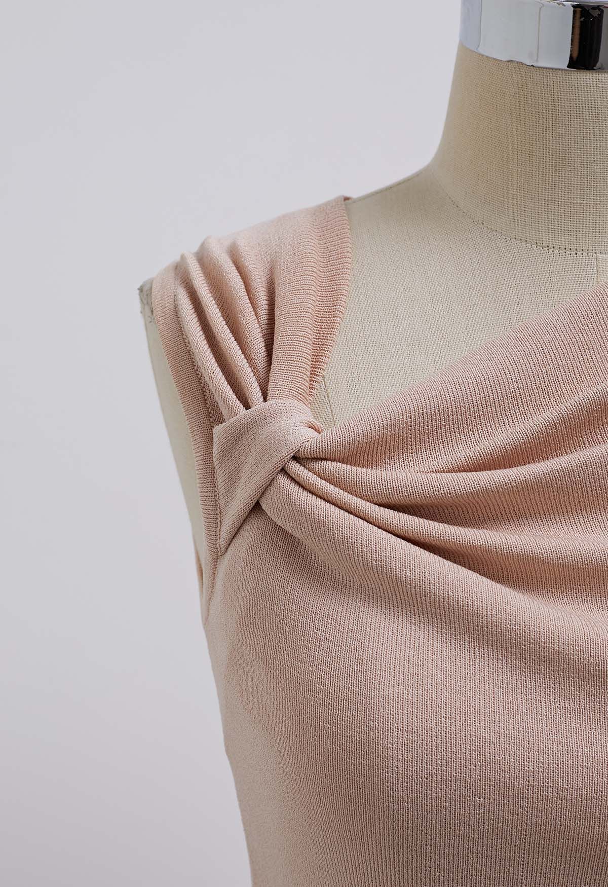 Ärmelloses Stricktop mit seitlichem Knoten und Rüschen in Pink