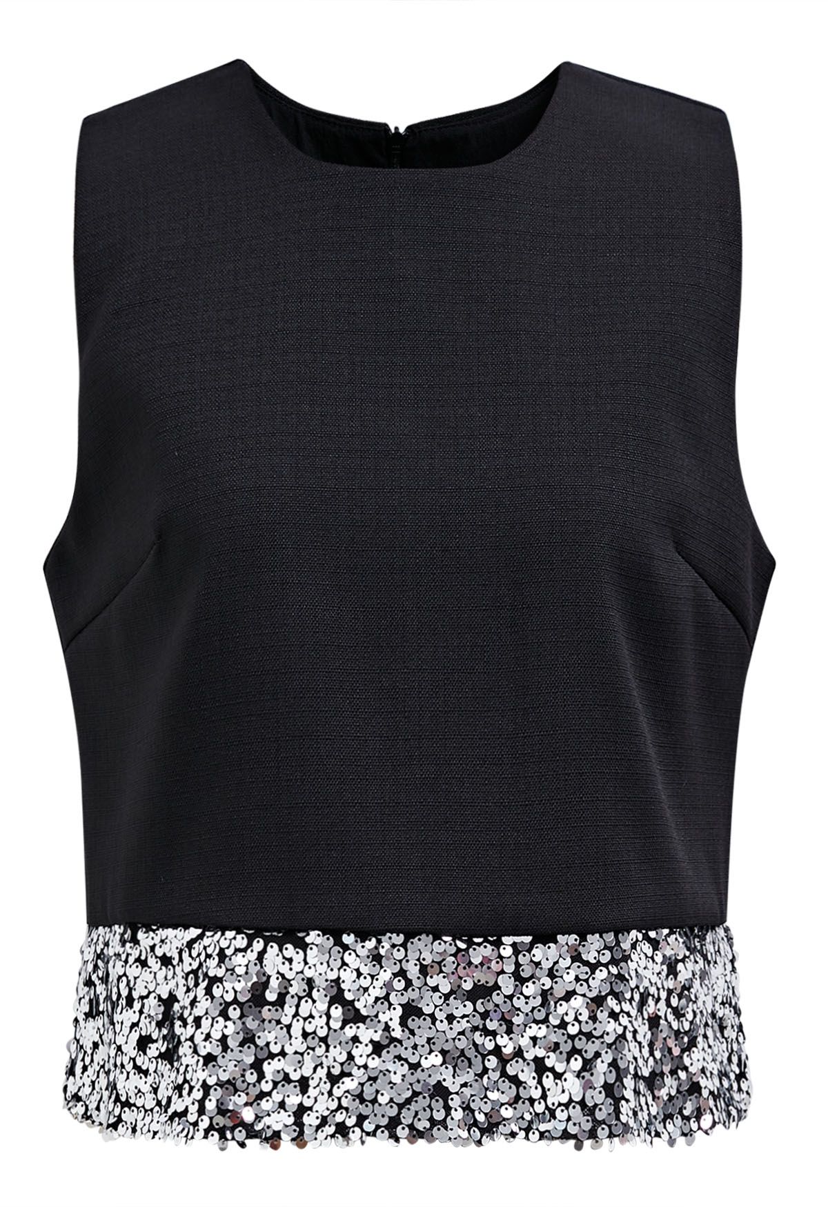 Ärmelloses Tweed-Crop-Top mit Paillettensaum in Schwarz