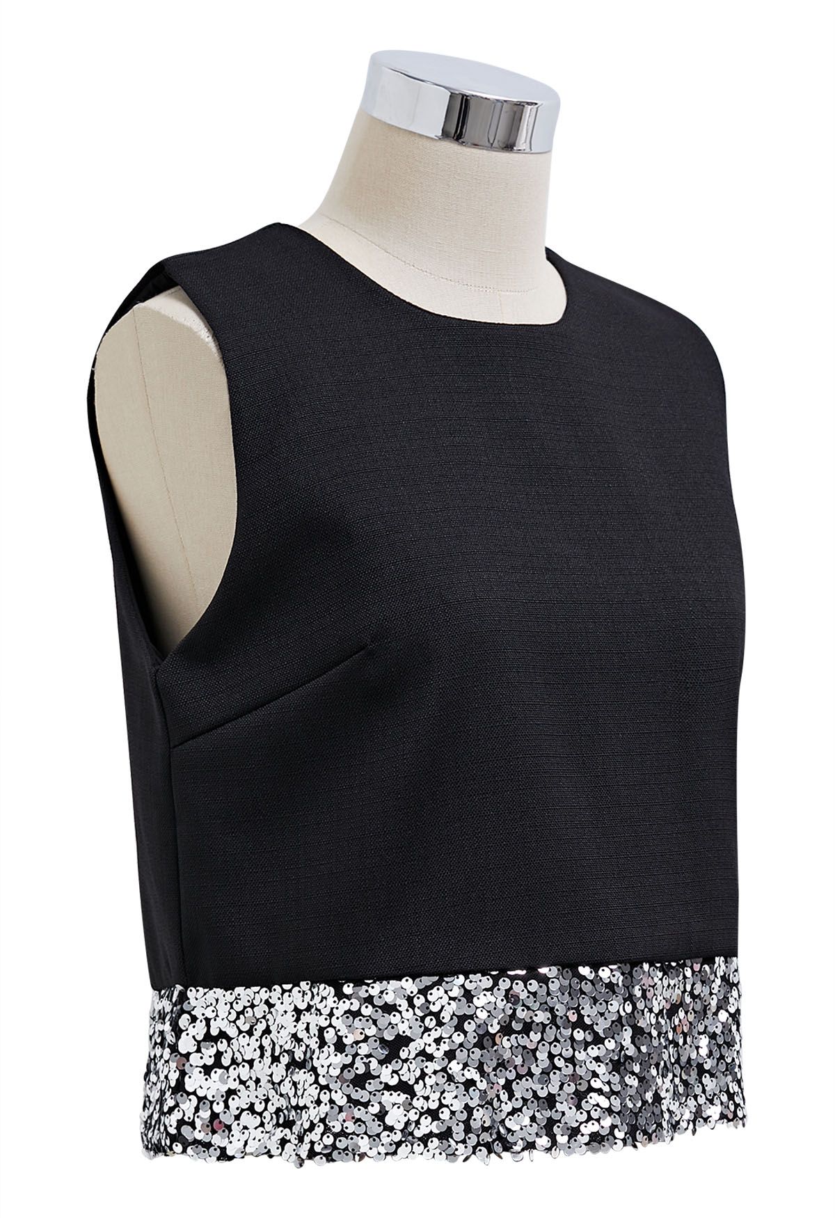 Ärmelloses Tweed-Crop-Top mit Paillettensaum in Schwarz