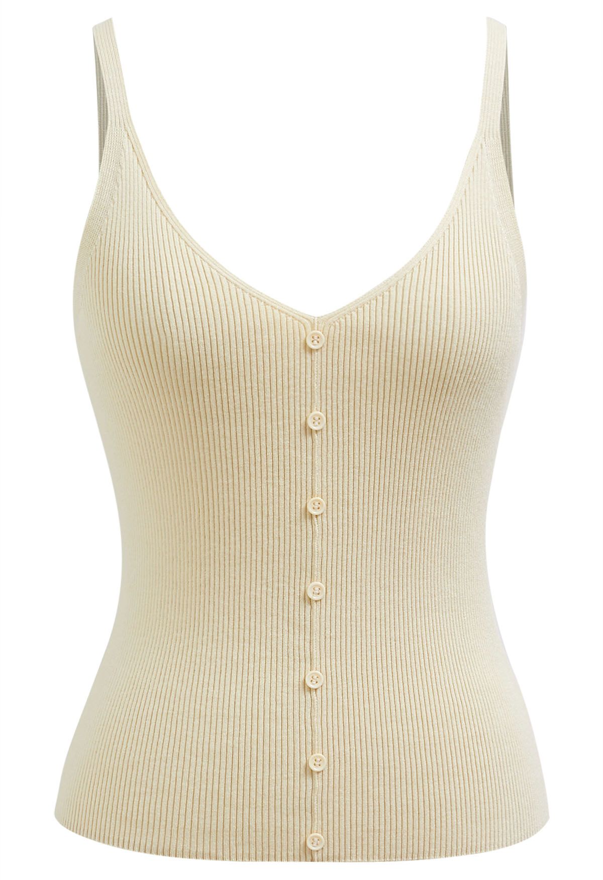 Mit Knöpfen verziertes, geripptes Strick-Tanktop in Creme