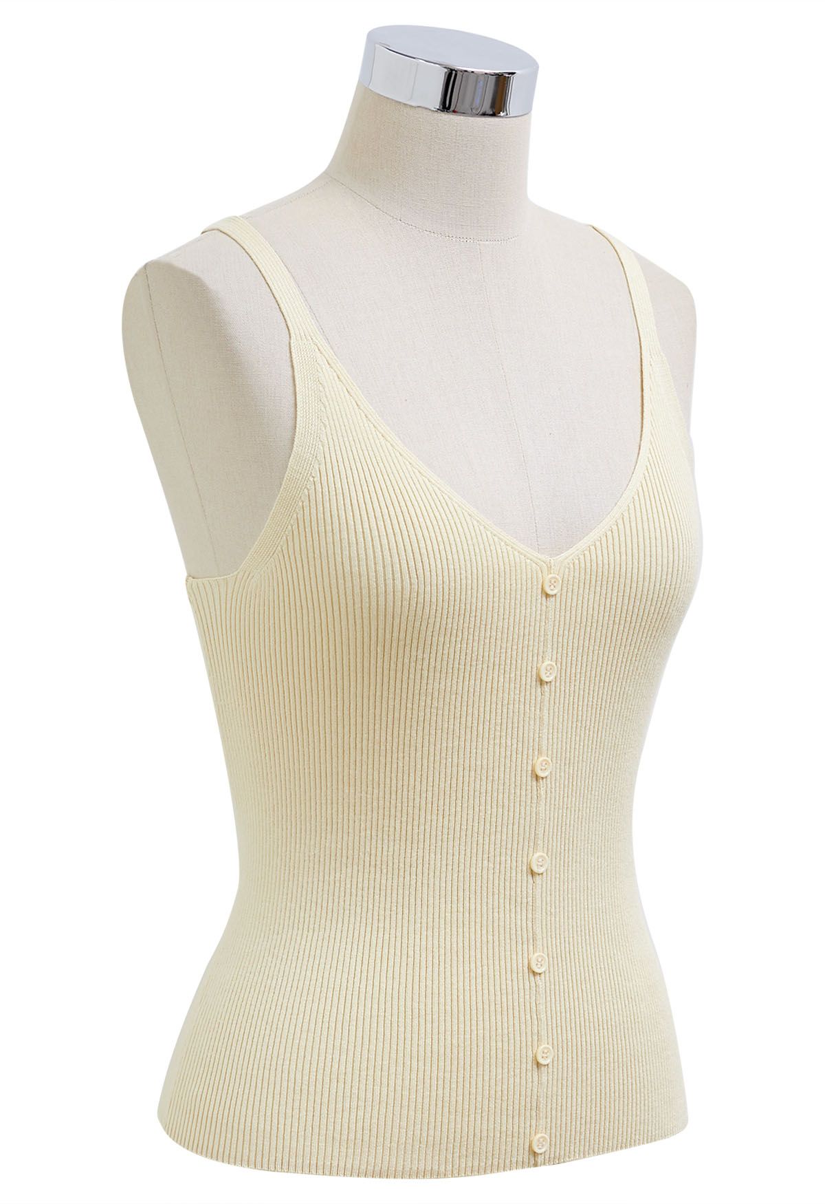 Mit Knöpfen verziertes, geripptes Strick-Tanktop in Creme