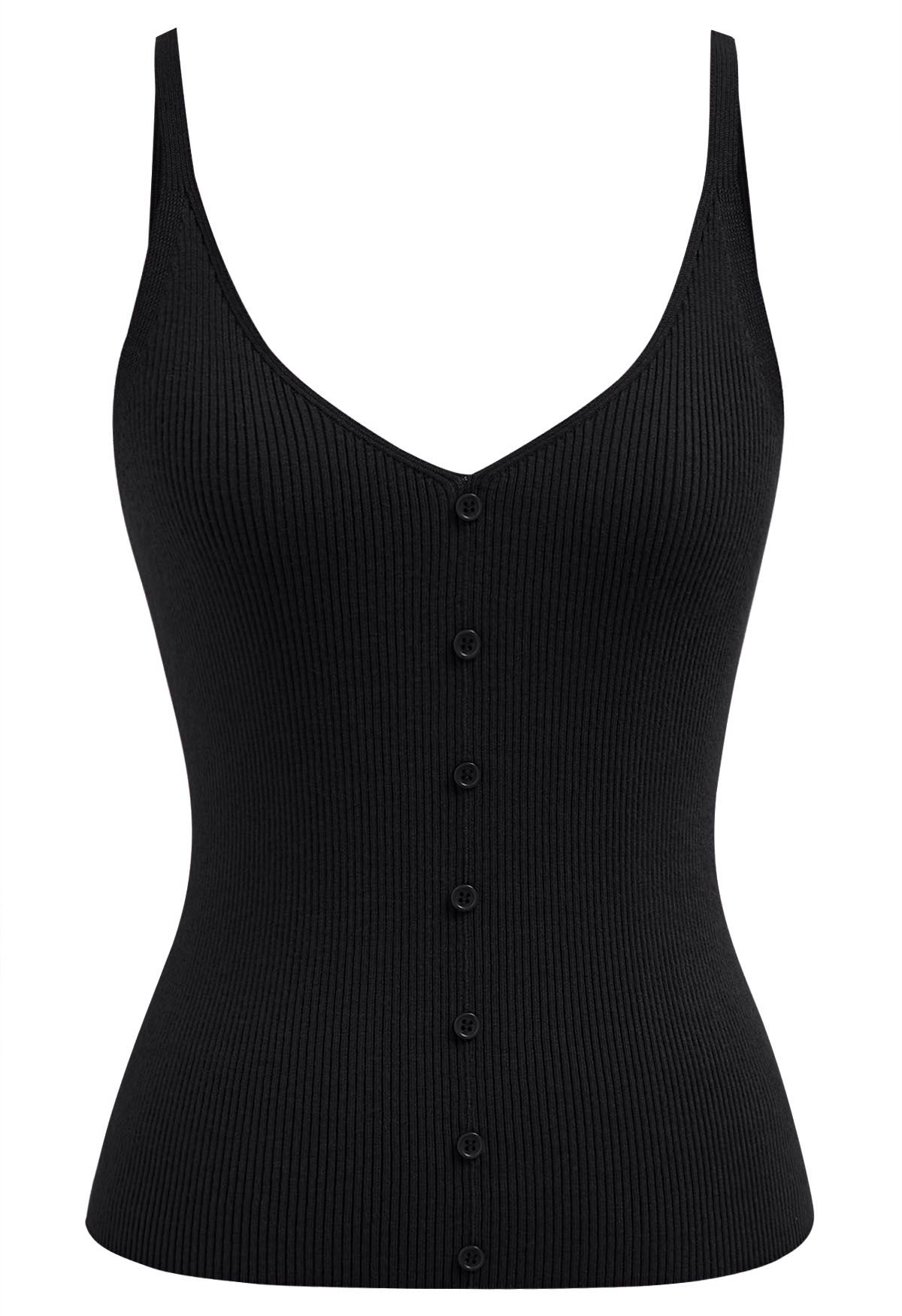 Mit Knöpfen verziertes, geripptes Strick-Tanktop in Schwarz